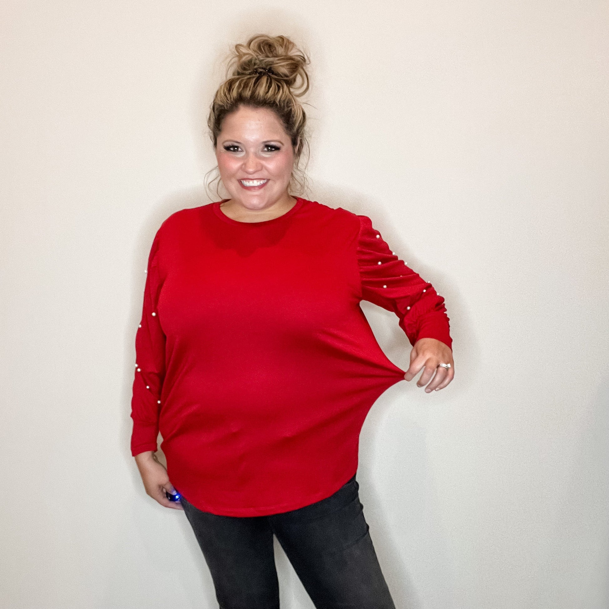 "Snazzy" Long Balloon Sleeve with Pearl Accents (Maroon)