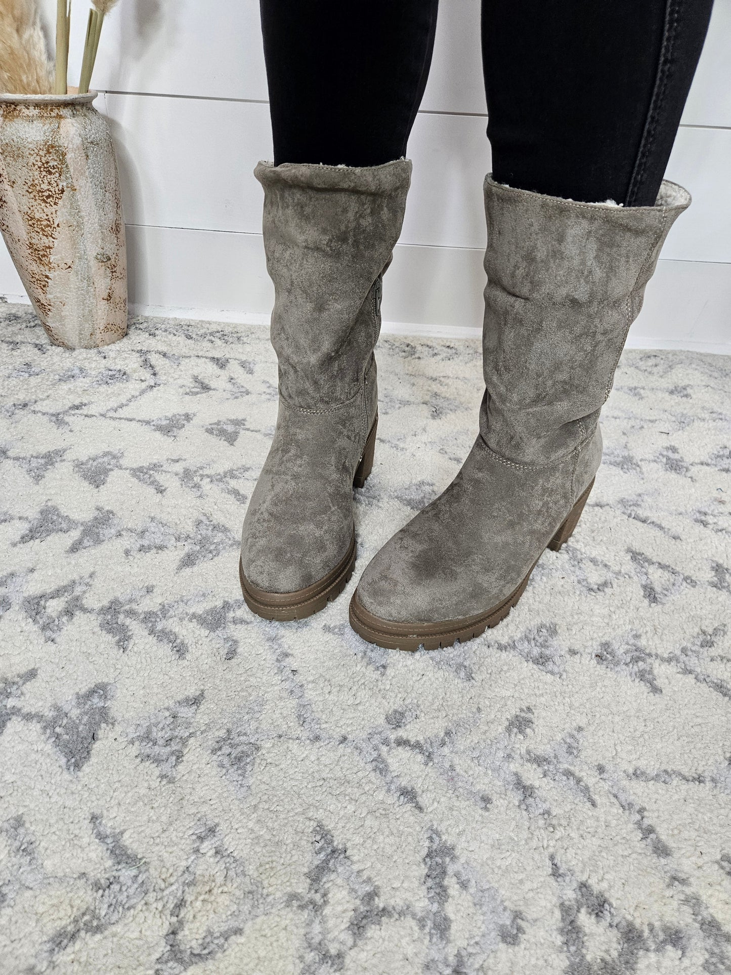 "Snuggy" Faux Suede with Sherpa Cuff Side Zip Boots (Grey)