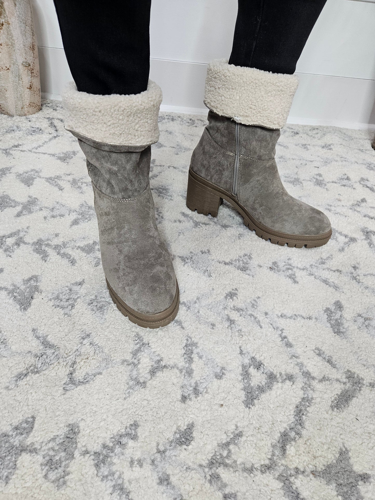 "Snuggy" Faux Suede with Sherpa Cuff Side Zip Boots (Grey)