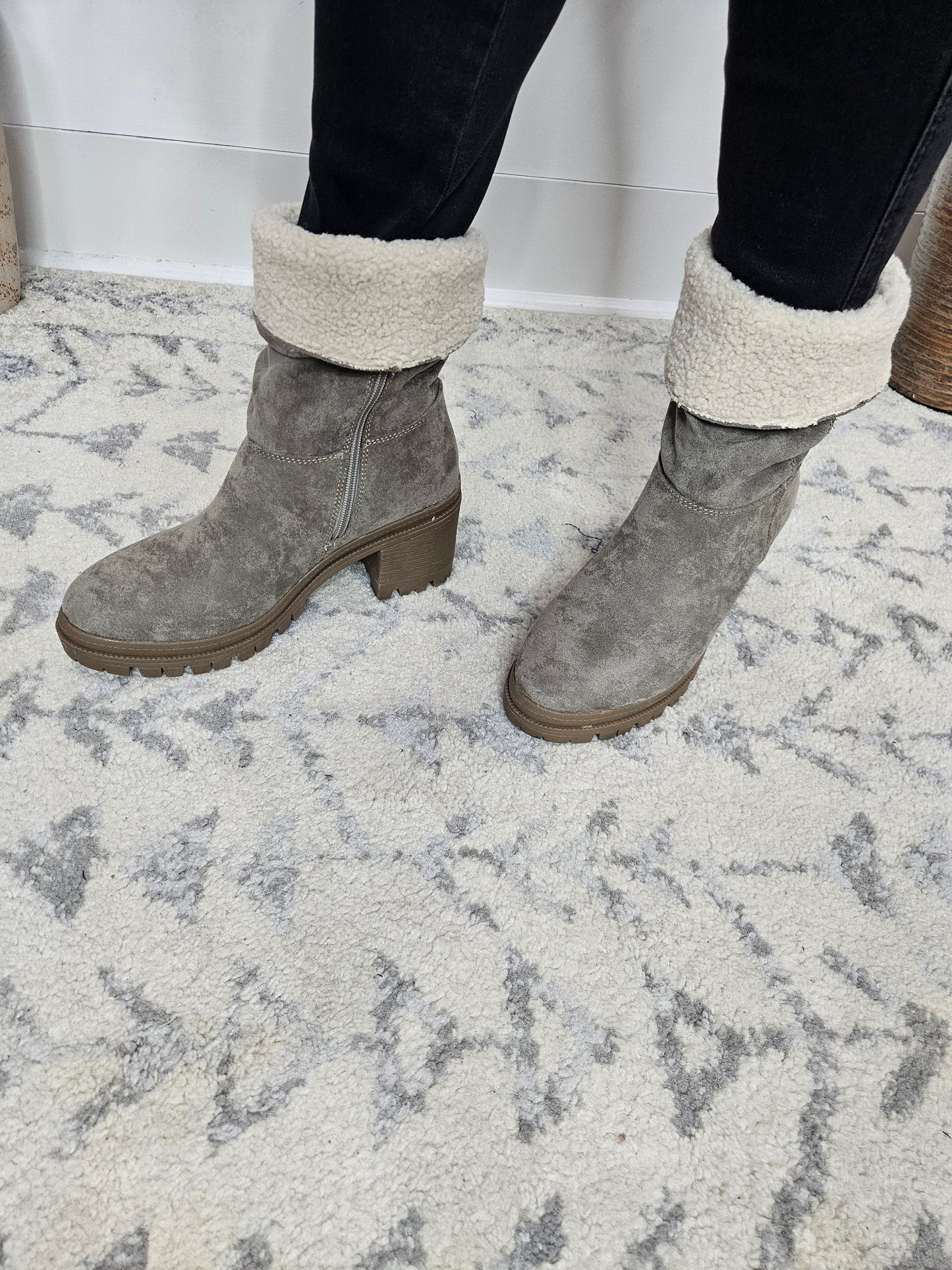 "Snuggy" Faux Suede with Sherpa Cuff Side Zip Boots (Grey)