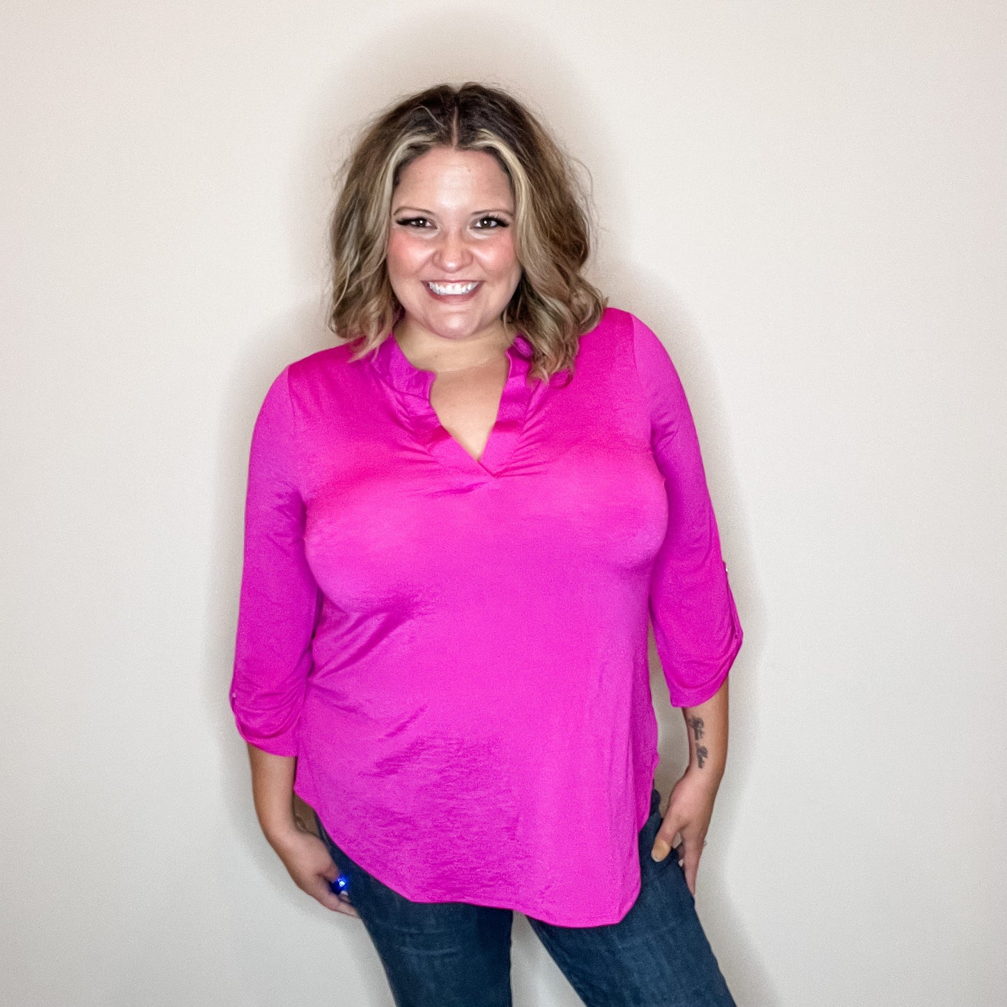"Solid Ground" Lizzy 3/4 Sleeve Split Neck (Hot Magenta)