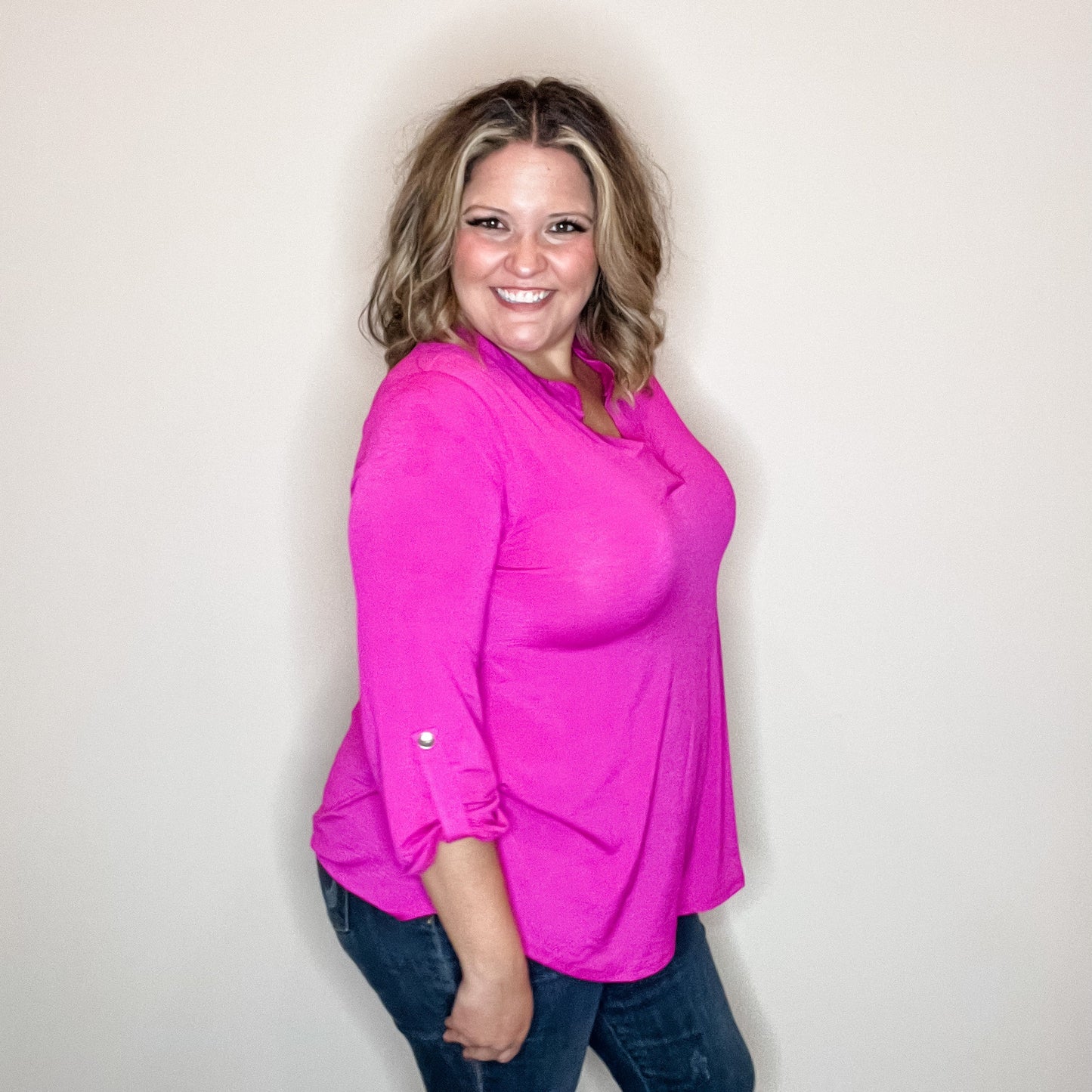 "Solid Ground" Lizzy 3/4 Sleeve Split Neck (Hot Magenta)