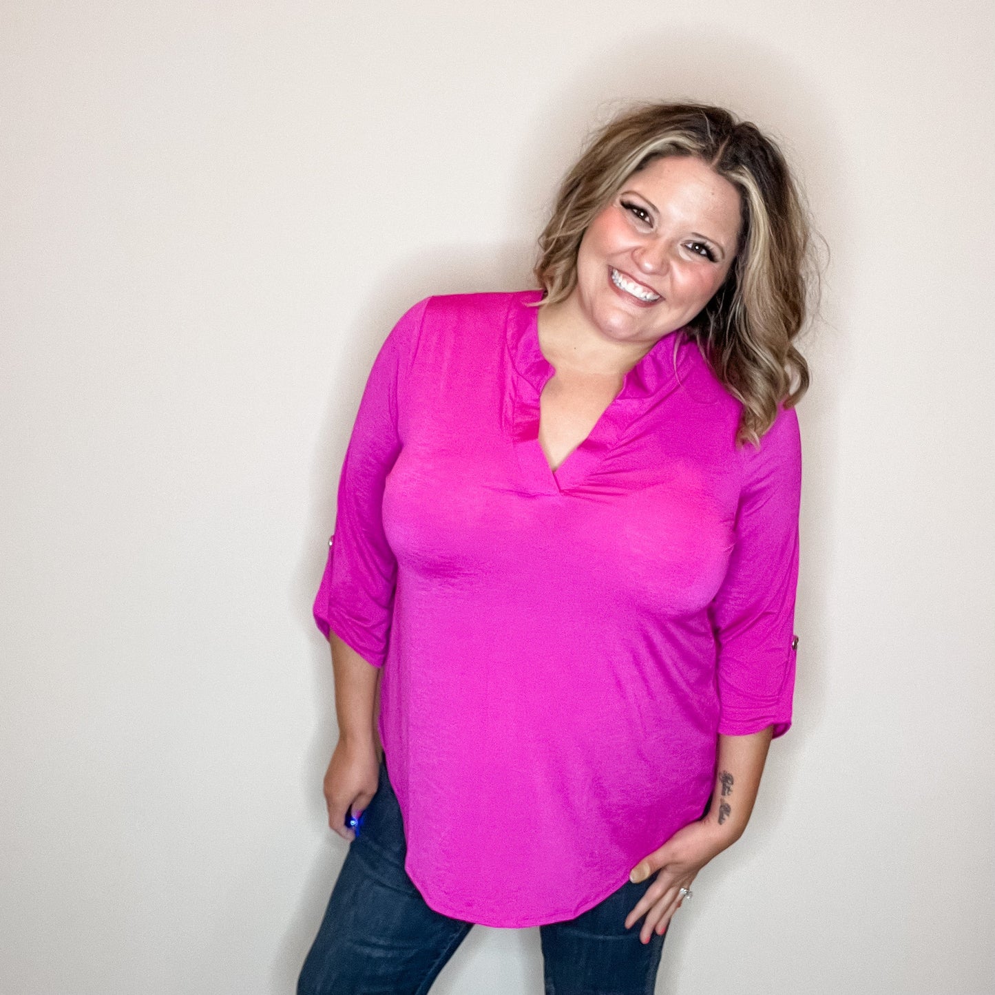 "Solid Ground" Lizzy 3/4 Sleeve Split Neck (Hot Magenta)