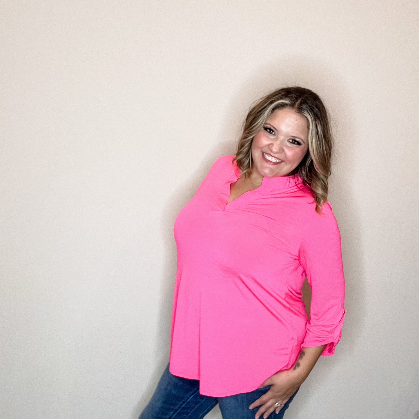 "Solid Ground" Lizzy 3/4 Sleeve Split Neck (Hot Pink)