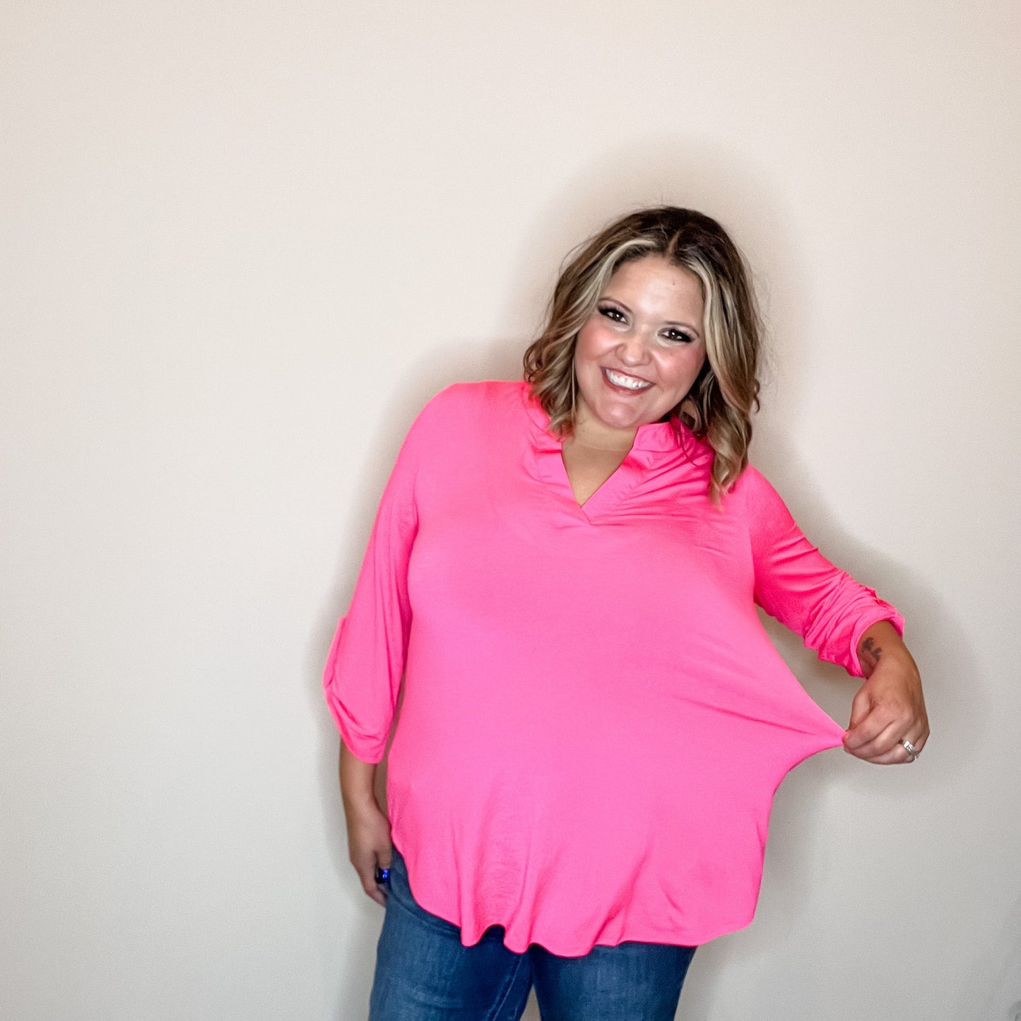 "Solid Ground" Lizzy 3/4 Sleeve Split Neck (Hot Pink)