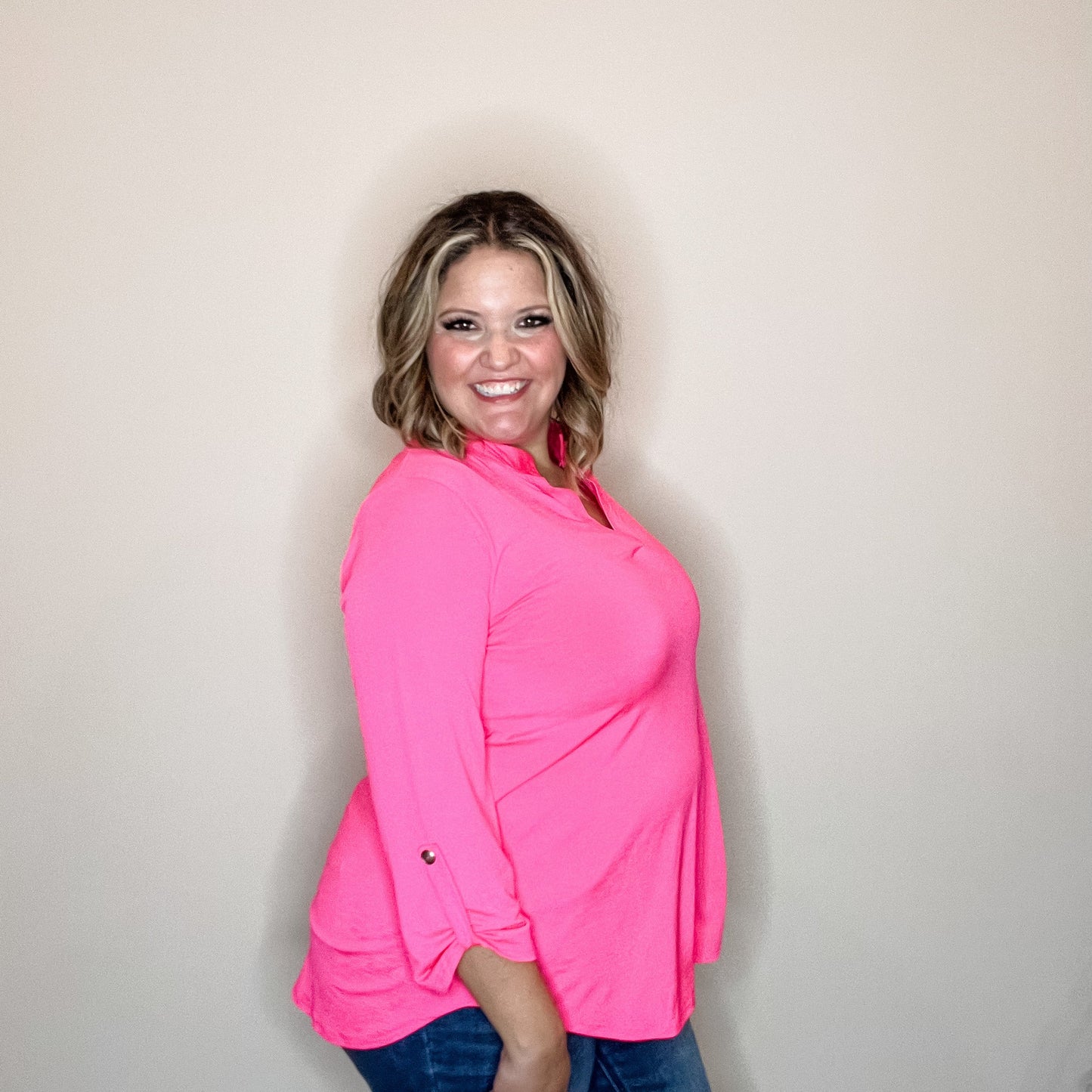 "Solid Ground" Lizzy 3/4 Sleeve Split Neck (Hot Pink)
