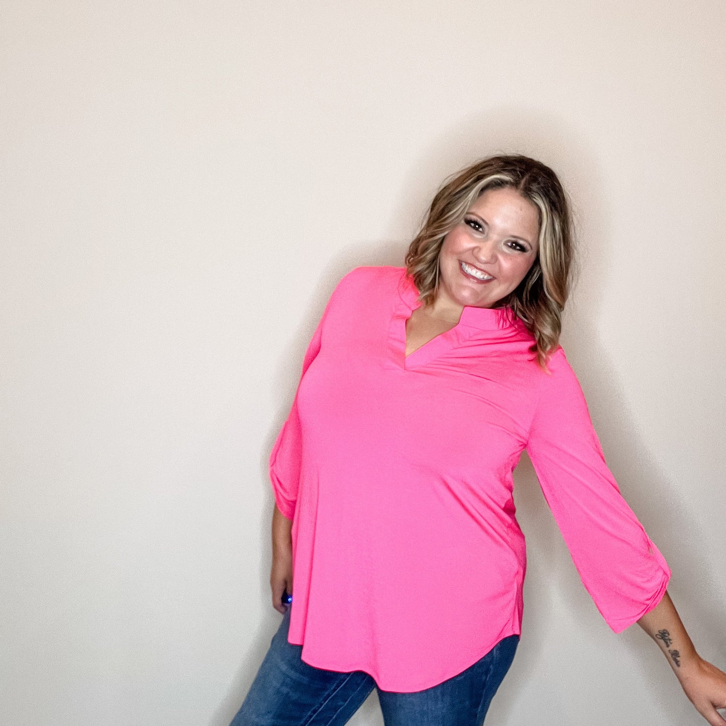 "Solid Ground" Lizzy 3/4 Sleeve Split Neck (Hot Pink)