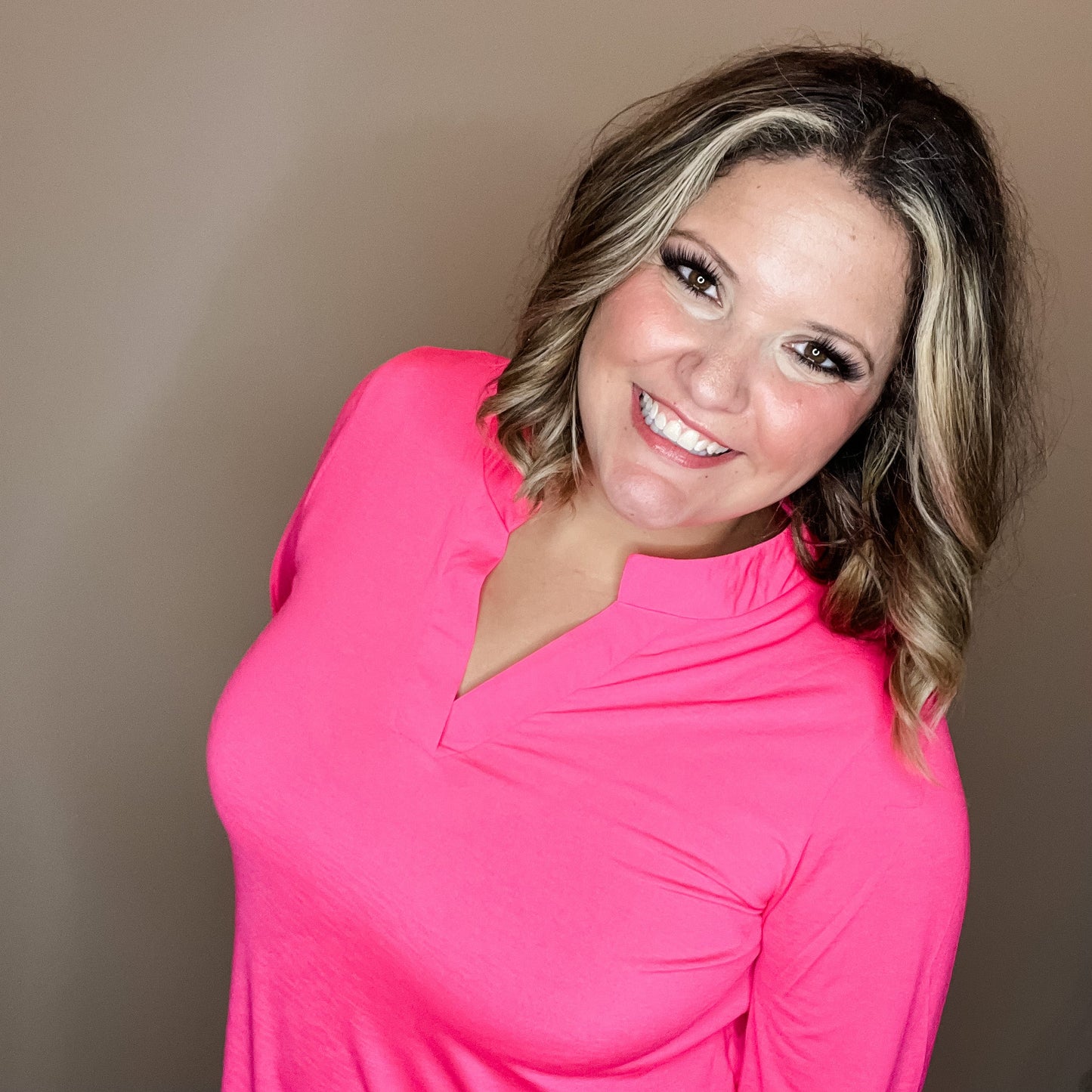 "Solid Ground" Lizzy 3/4 Sleeve Split Neck (Hot Pink)
