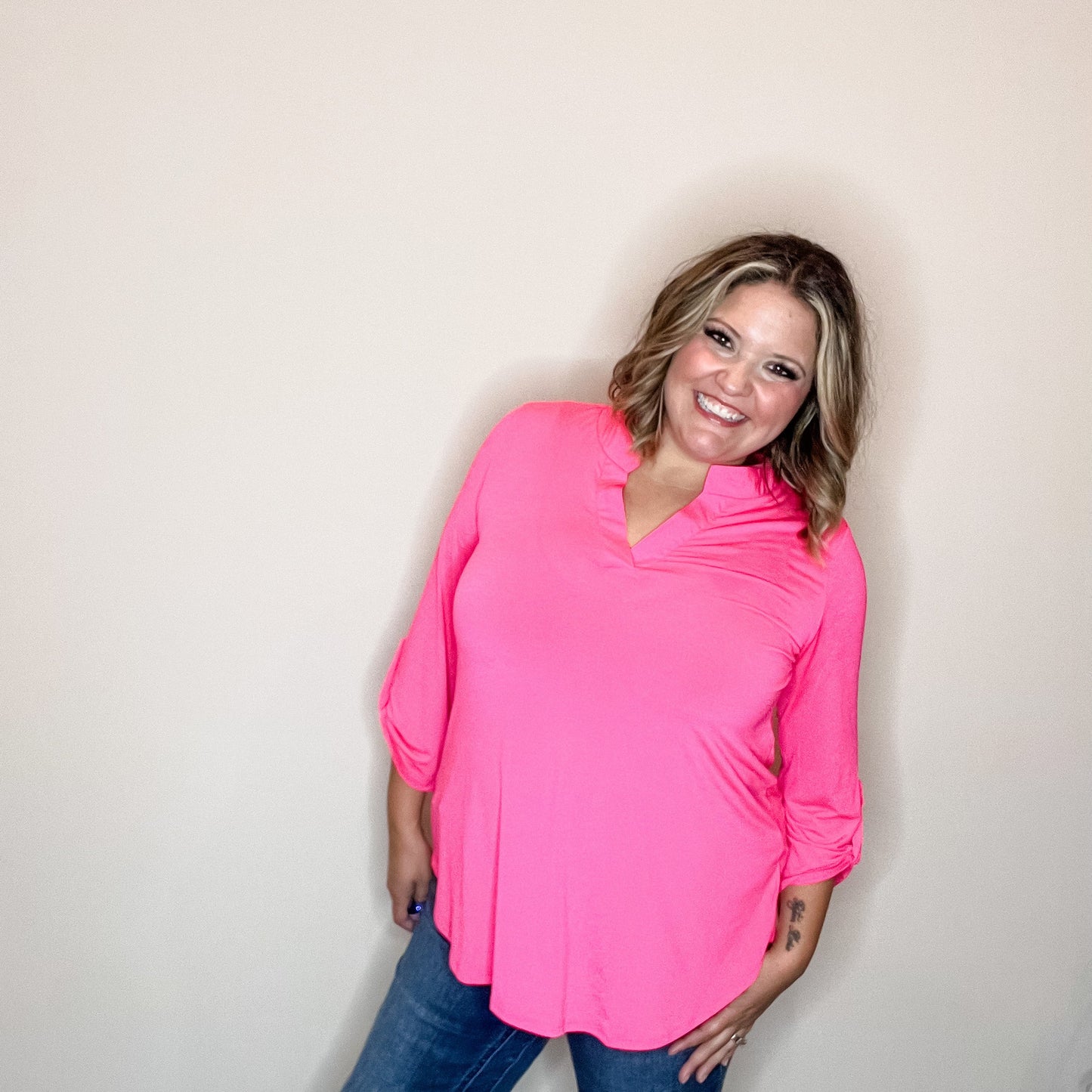 "Solid Ground" Lizzy 3/4 Sleeve Split Neck (Hot Pink)