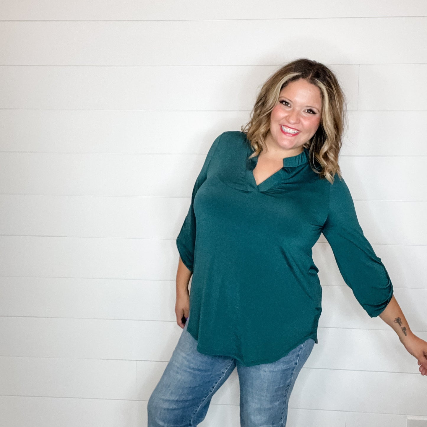 "Solid Ground" Lizzy 3/4 Sleeve Split Neck (Hunter Green)