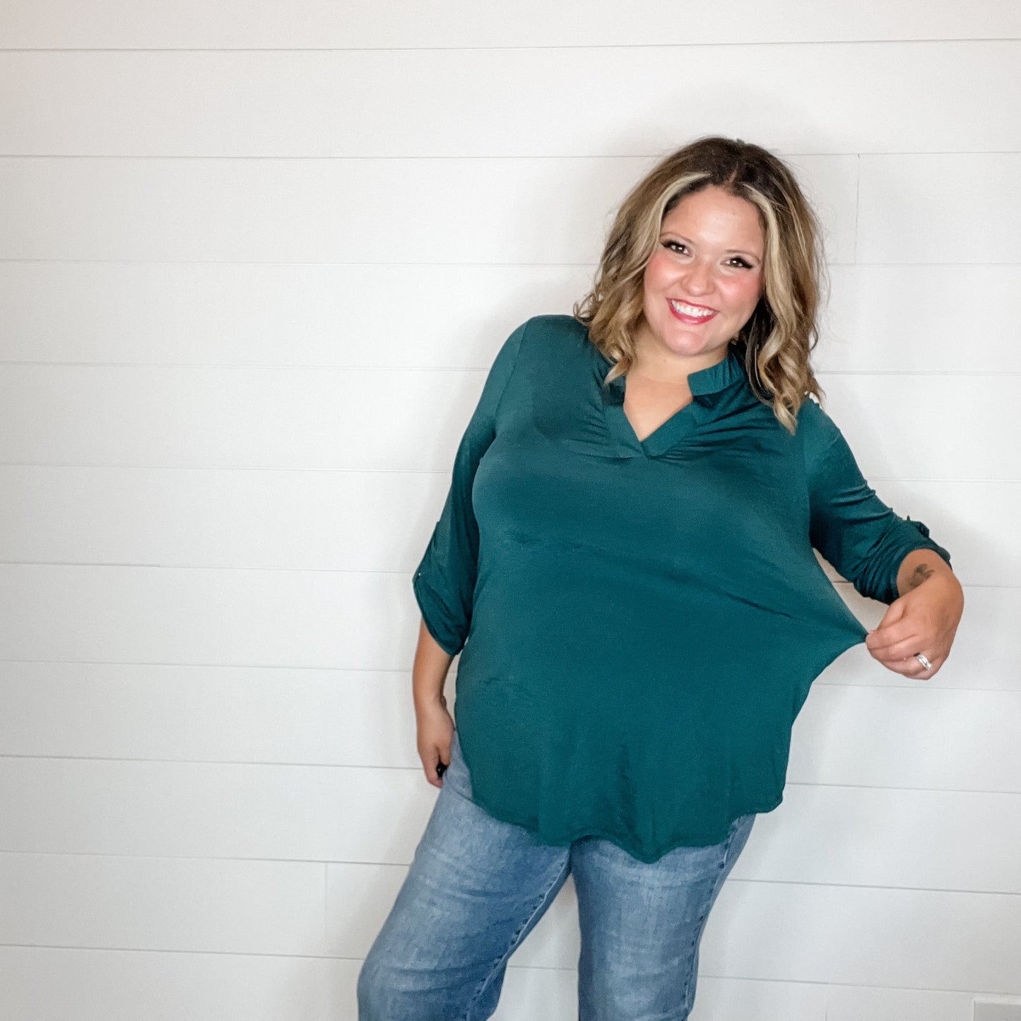 "Solid Ground" Lizzy 3/4 Sleeve Split Neck (Hunter Green)