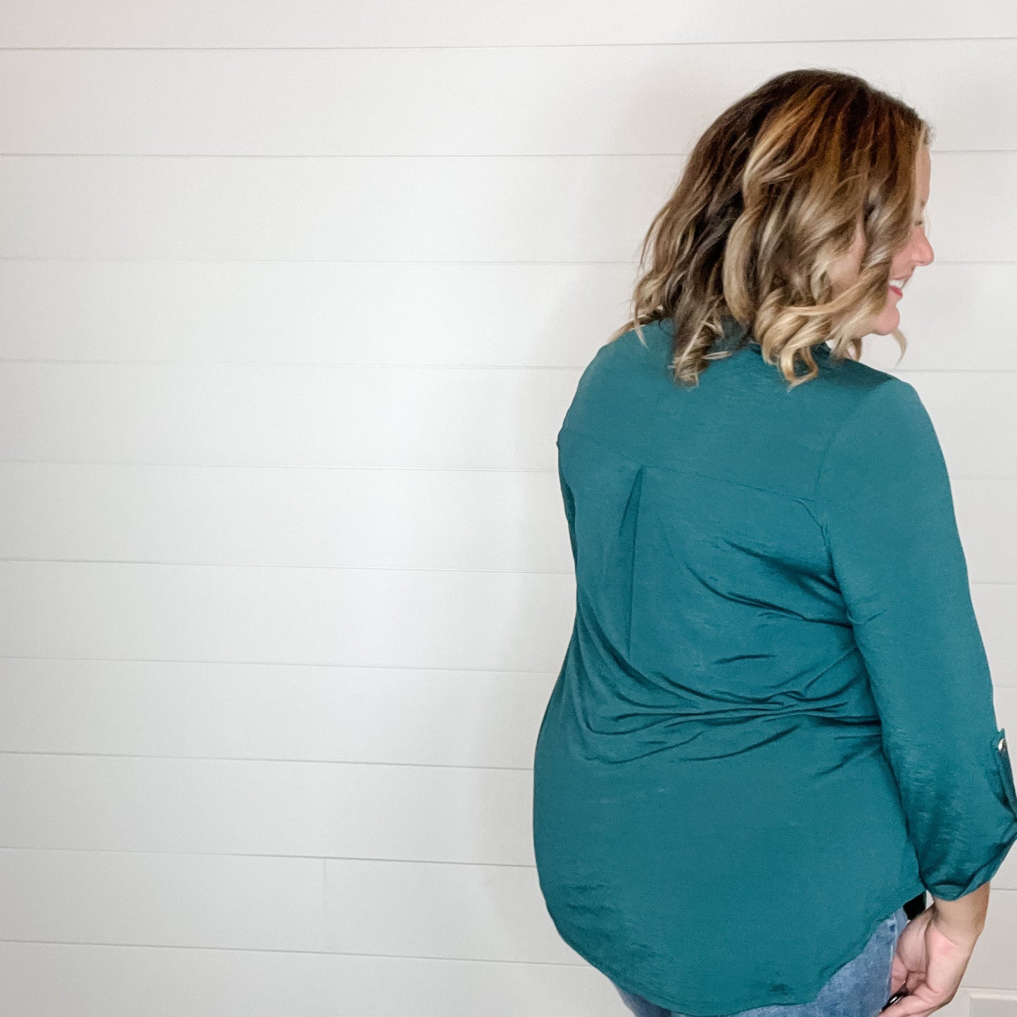 "Solid Ground" Lizzy 3/4 Sleeve Split Neck (Hunter Green)