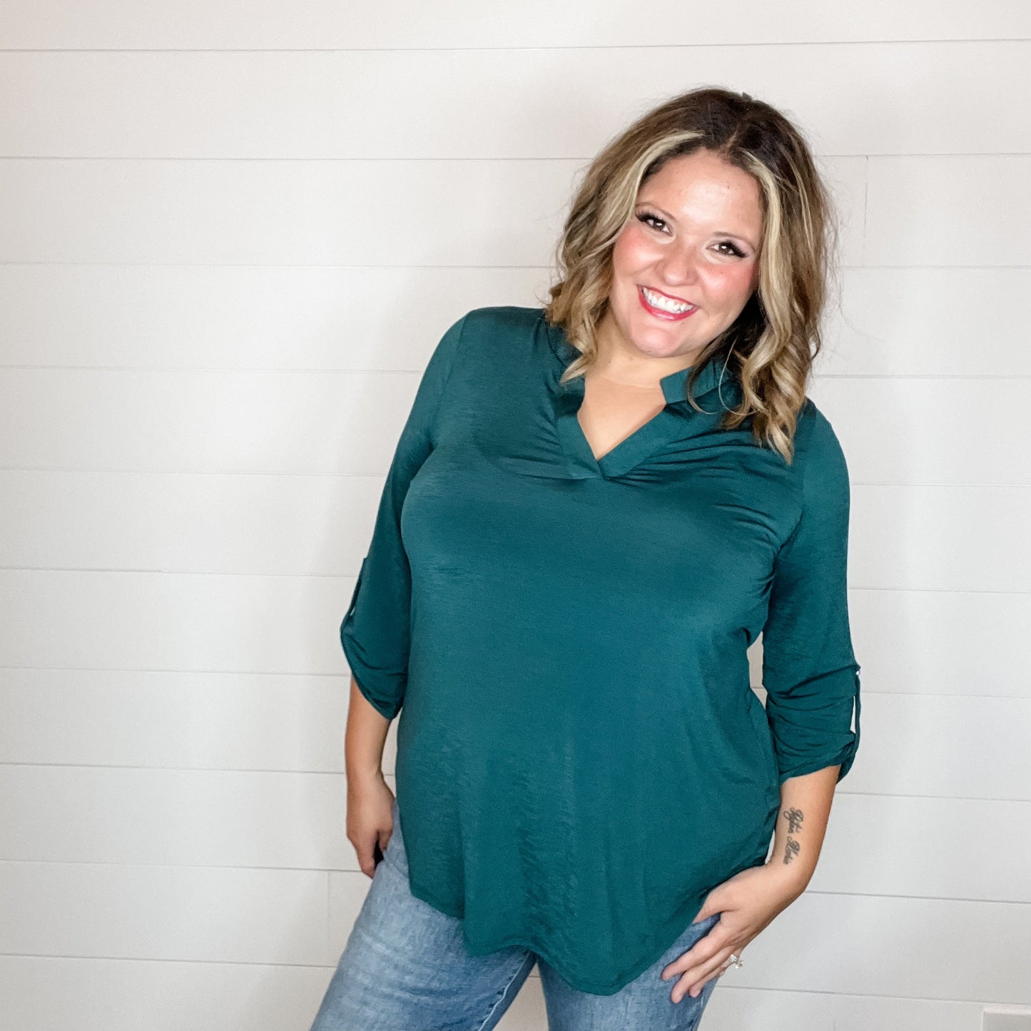 "Solid Ground" Lizzy 3/4 Sleeve Split Neck (Hunter Green)