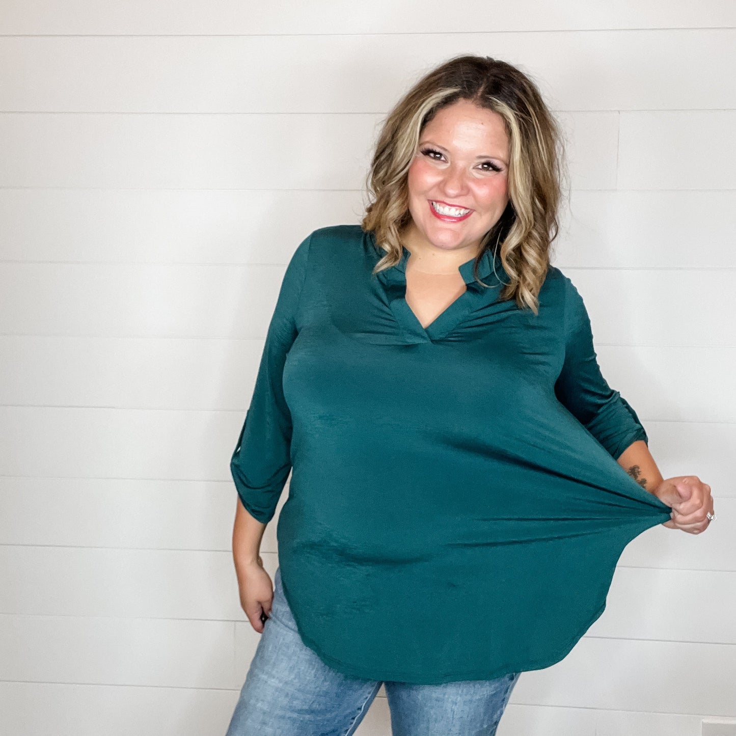 "Solid Ground" Lizzy 3/4 Sleeve Split Neck (Hunter Green)