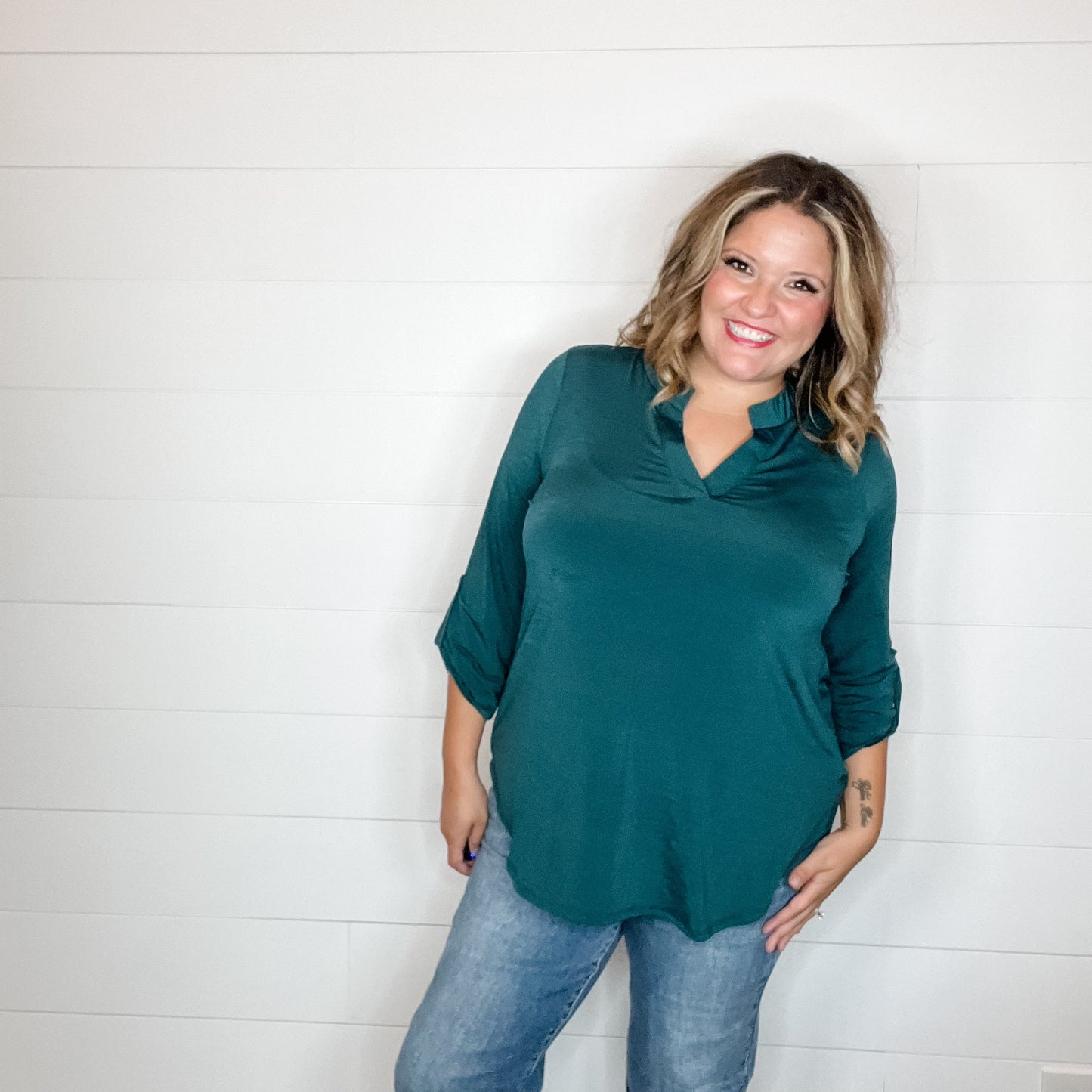 "Solid Ground" Lizzy 3/4 Sleeve Split Neck (Hunter Green)