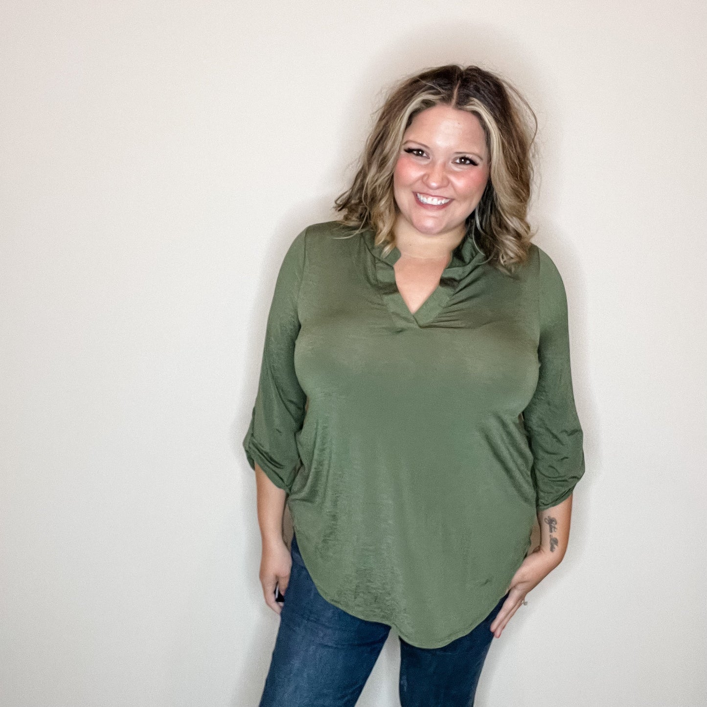 "Solid Ground" Lizzy 3/4 Sleeve Split Neck (Olive)