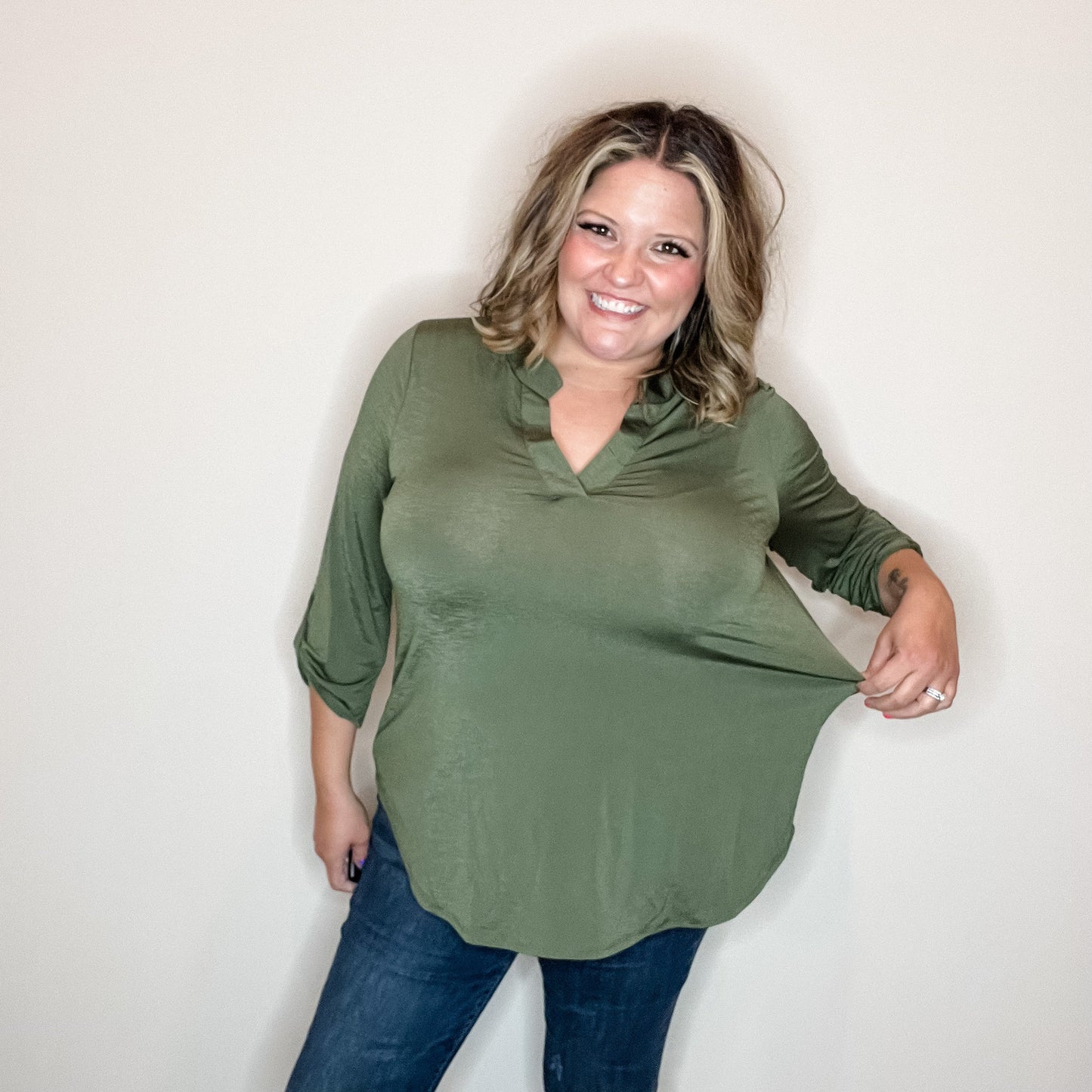 "Solid Ground" Lizzy 3/4 Sleeve Split Neck (Olive)
