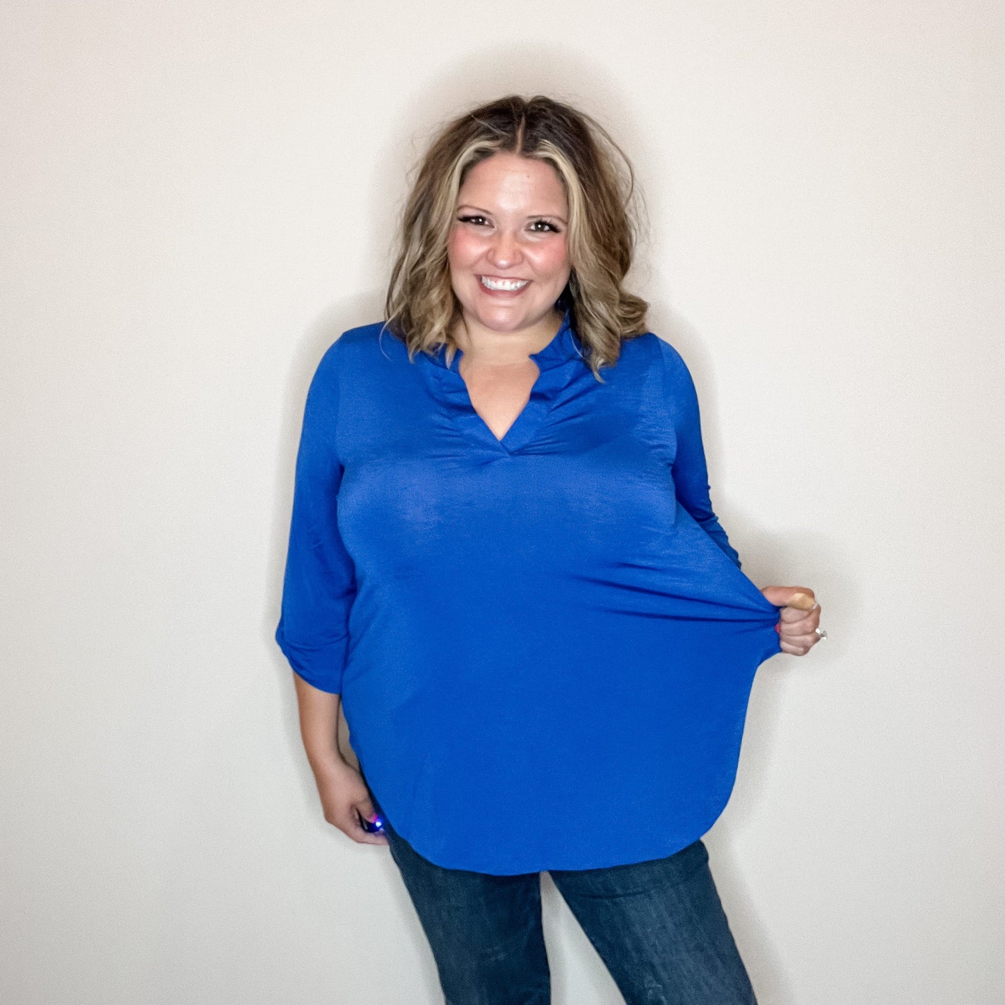 "Solid Ground" Lizzy 3/4 Sleeve Split Neck (Royal Blue)