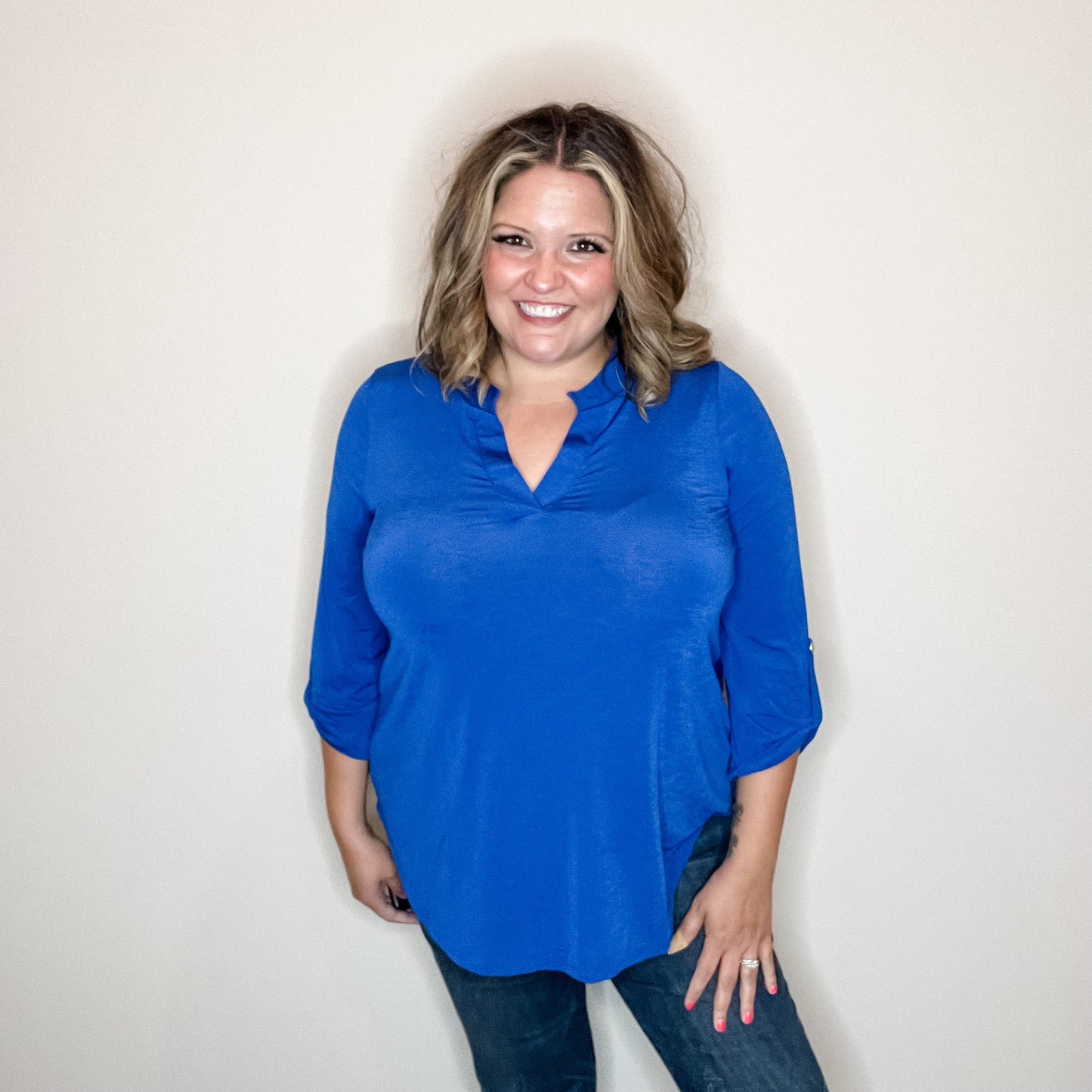 "Solid Ground" Lizzy 3/4 Sleeve Split Neck (Royal Blue)