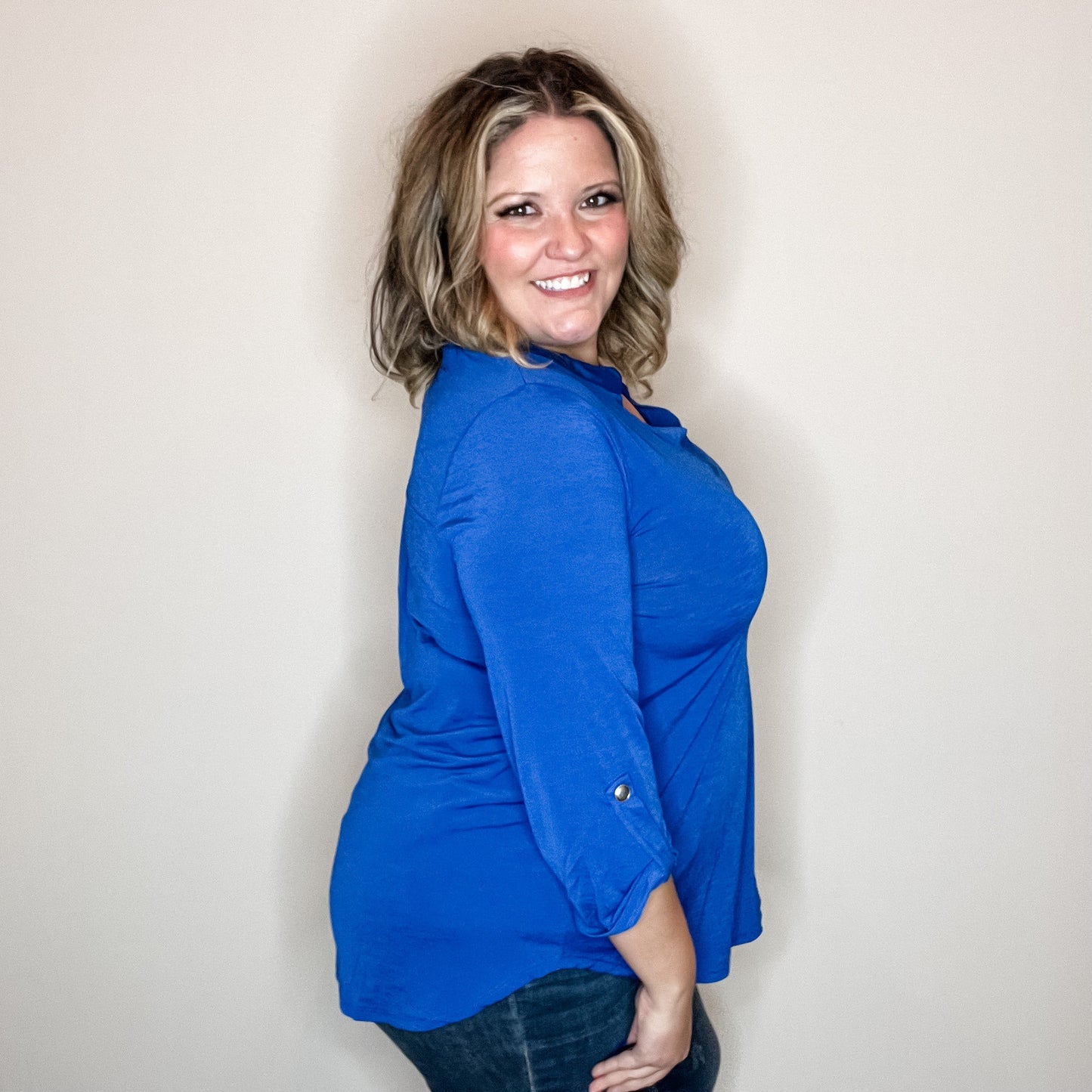 "Solid Ground" Lizzy 3/4 Sleeve Split Neck (Royal Blue)