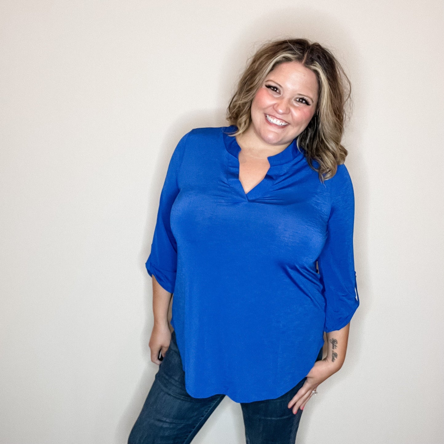 "Solid Ground" Lizzy 3/4 Sleeve Split Neck (Royal Blue)