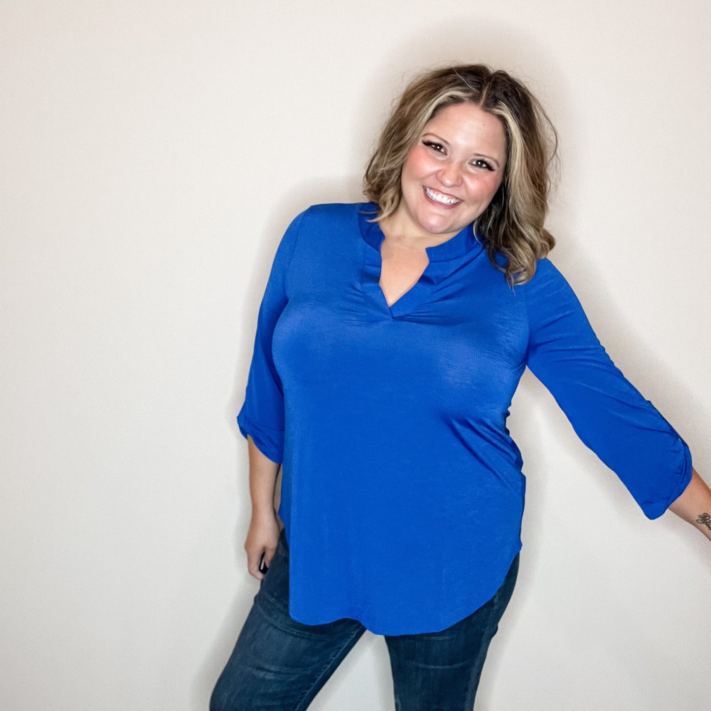 "Solid Ground" Lizzy 3/4 Sleeve Split Neck (Royal Blue)