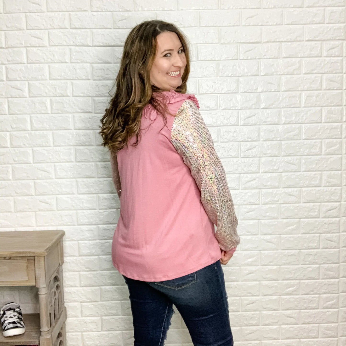"Sparkle & Shine" Long Sleeve with Ruffle Shoulder Accent