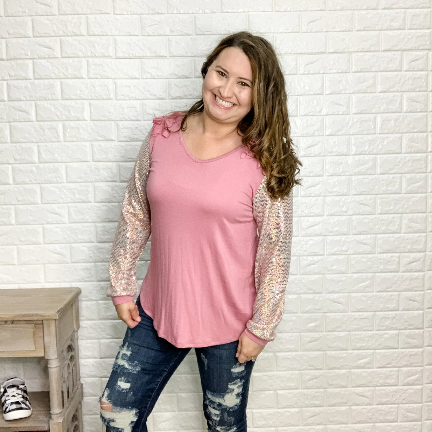 "Sparkle & Shine" Long Sleeve with Ruffle Shoulder Accent