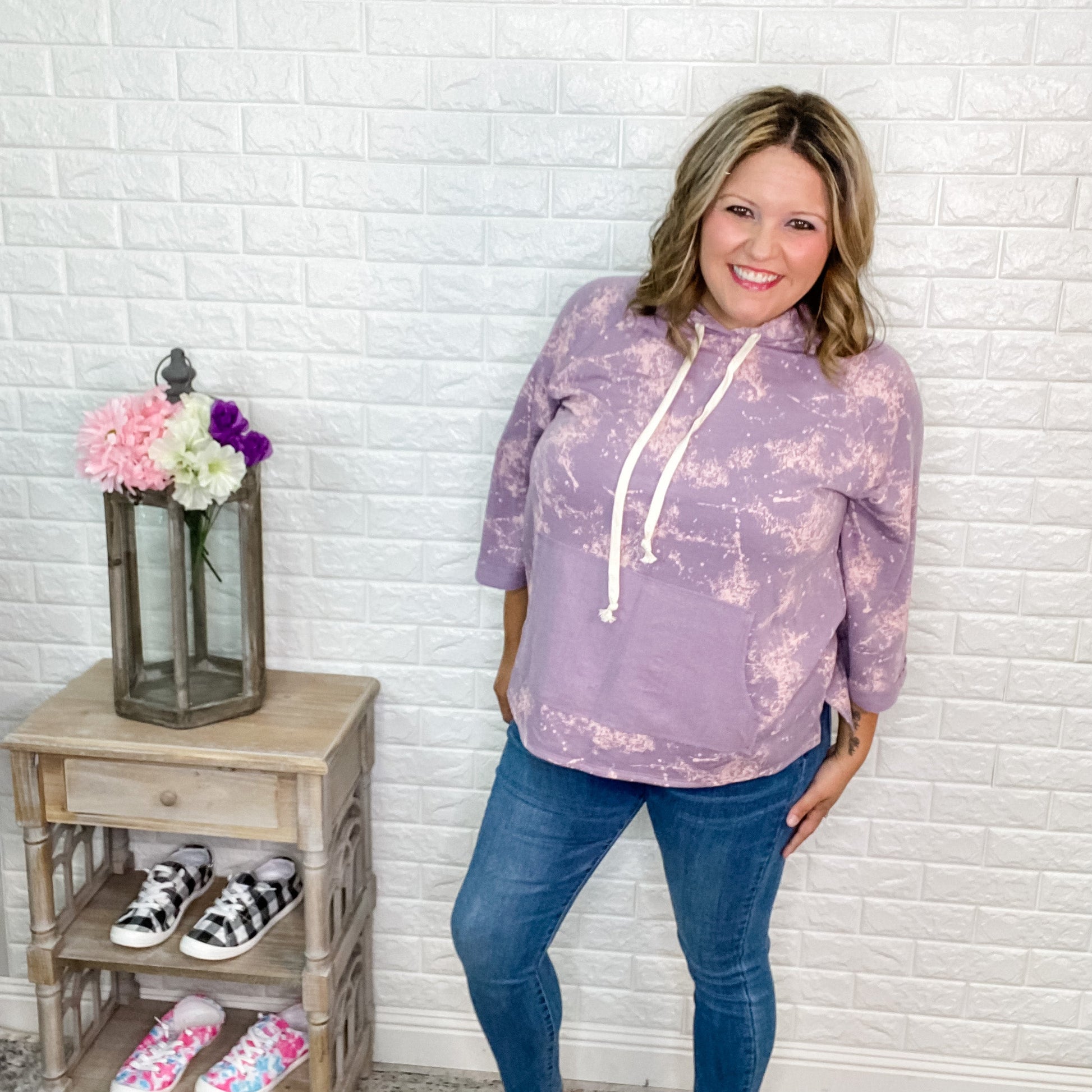 "Spattering" 3/4 Sleeve Hoodie with Front Pocket