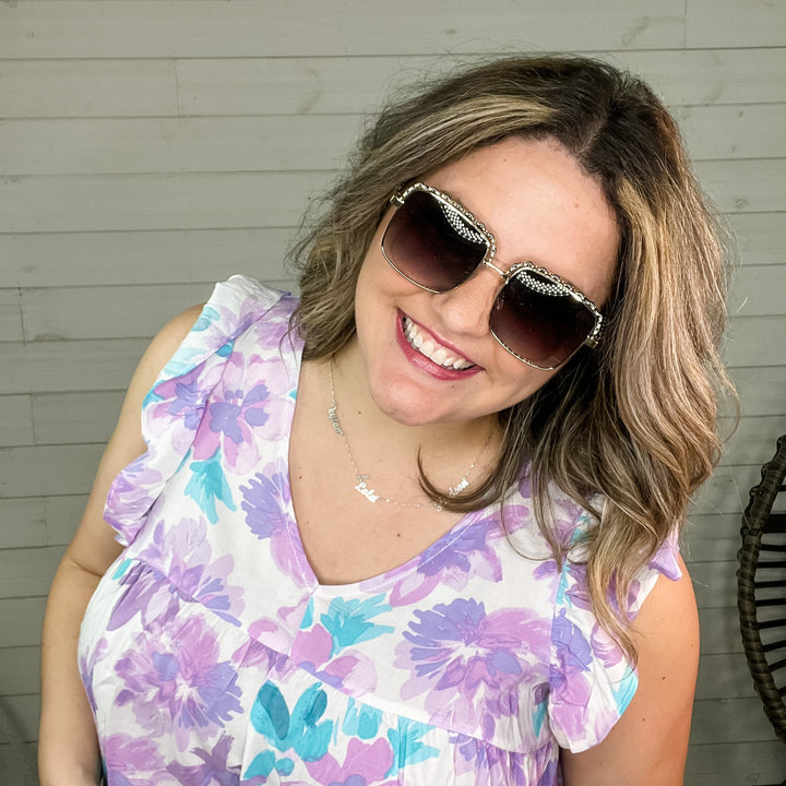 Square Frame Braided Design Sunglasses (Brown Lens)