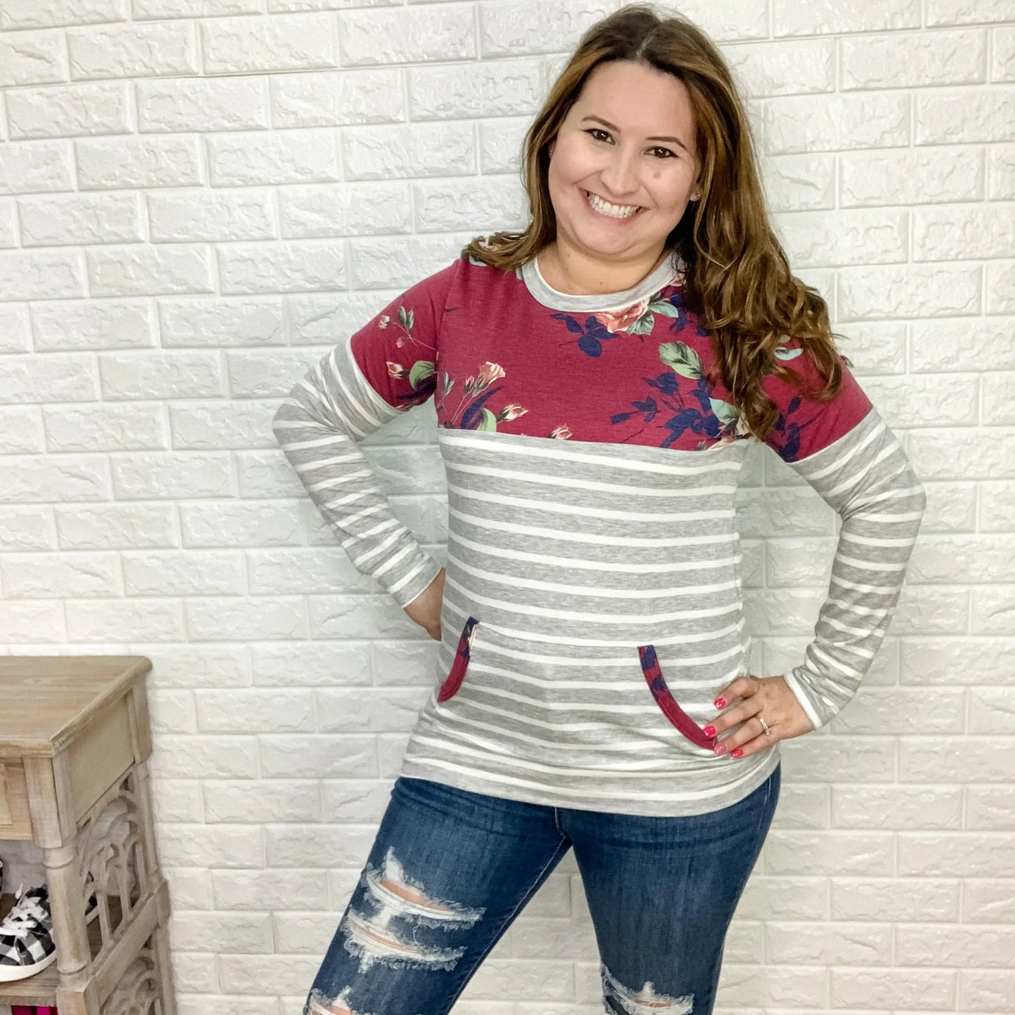 "Stacy" Long Sleeve Floral & Stripe Top with Front Pocket