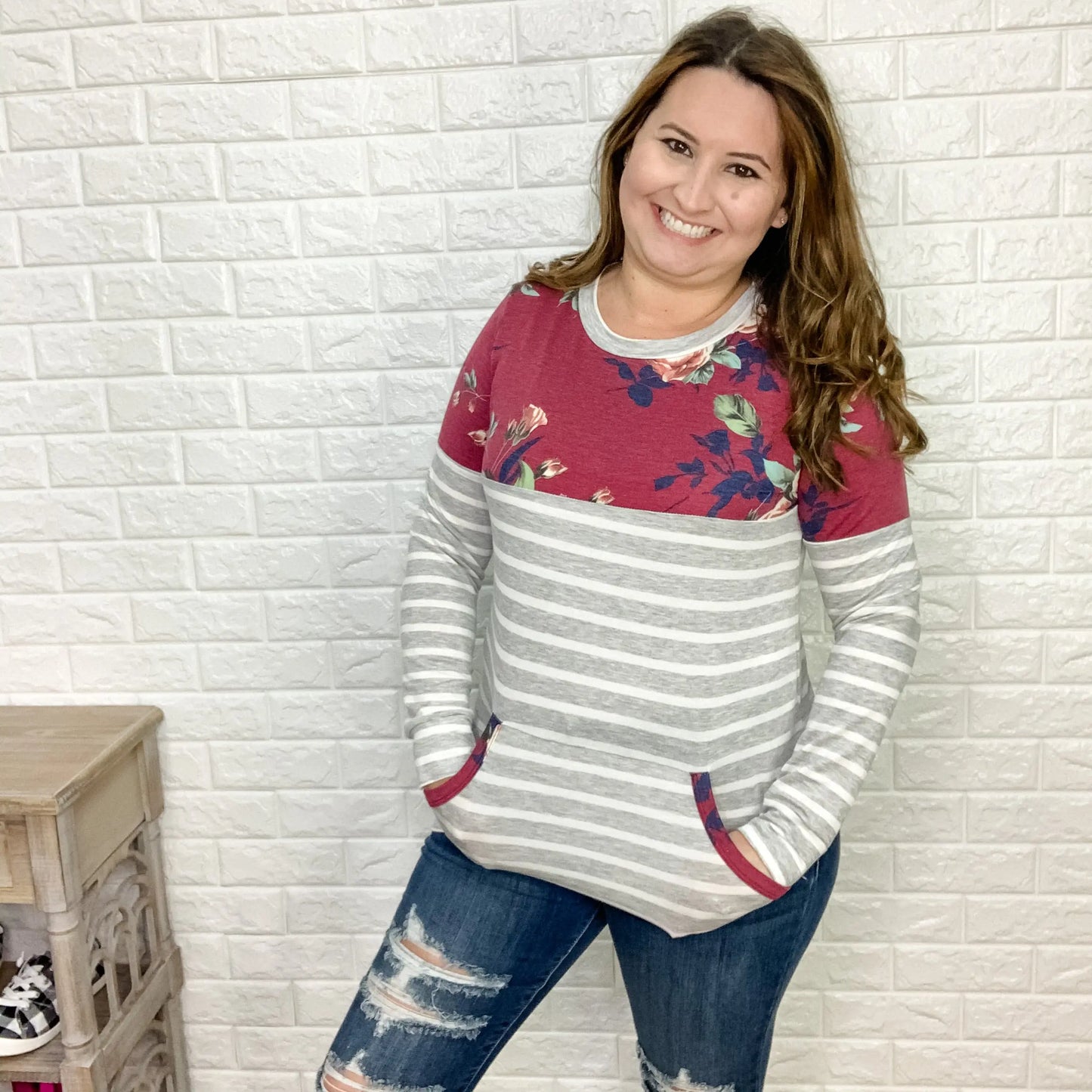 "Stacy" Long Sleeve Floral & Stripe Top with Front Pocket