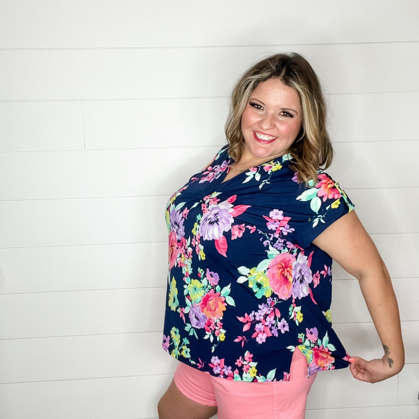 "Stand Alone" Floral Split Neck Cuffed Short Sleeve