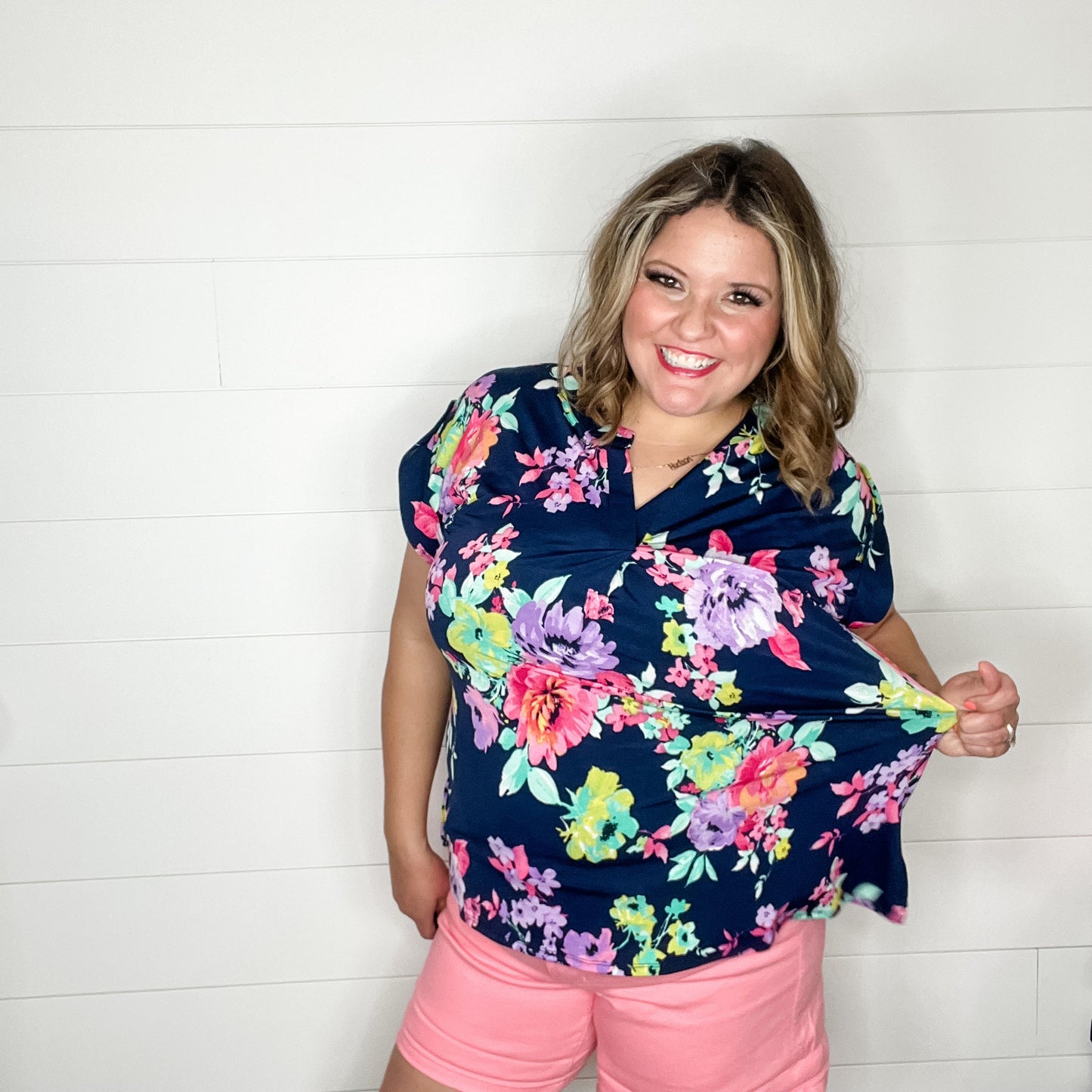 "Stand Alone" Floral Split Neck Cuffed Short Sleeve