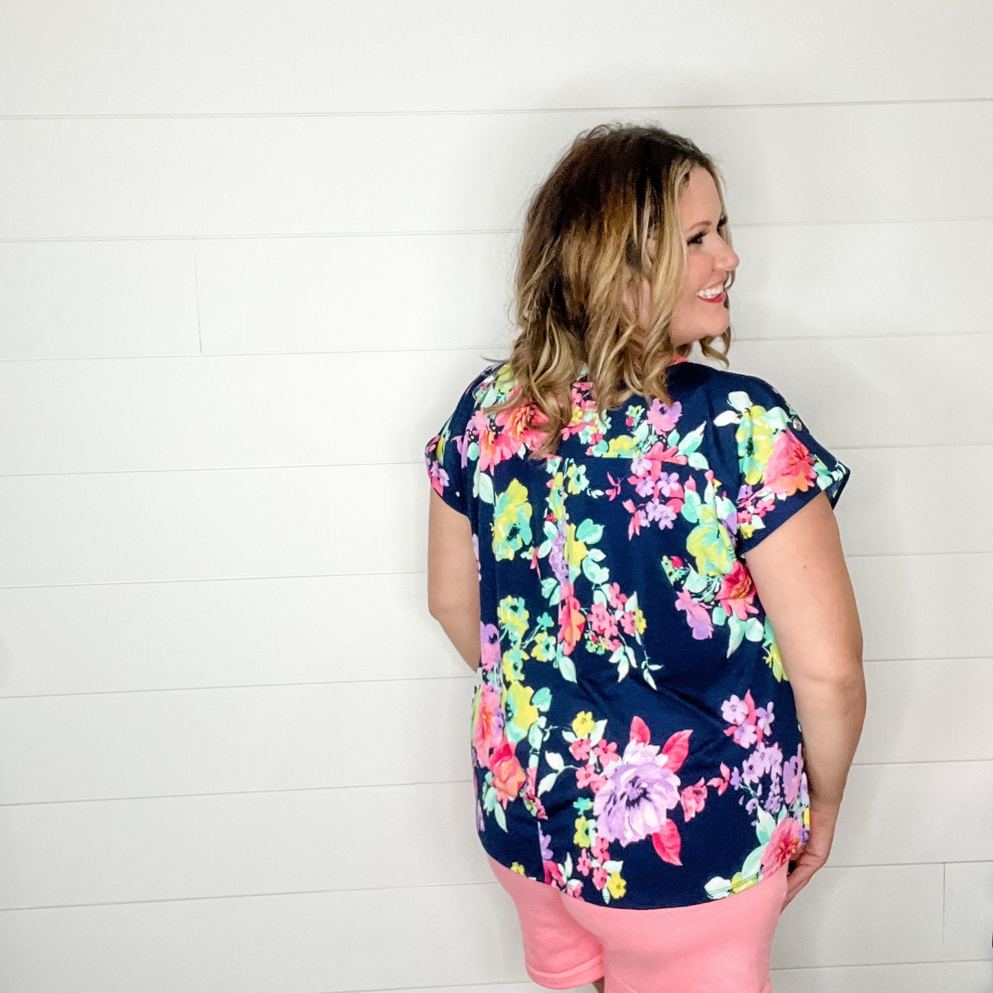 "Stand Alone" Floral Split Neck Cuffed Short Sleeve