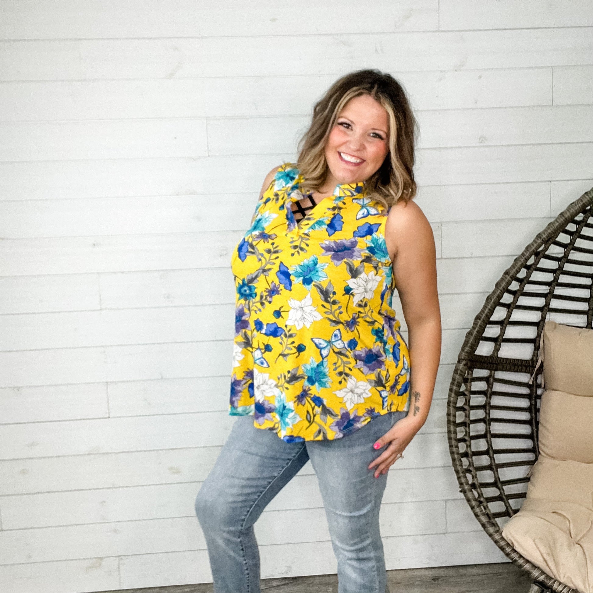"Stay Stay Stay" Floral Sleeveless Split Neck