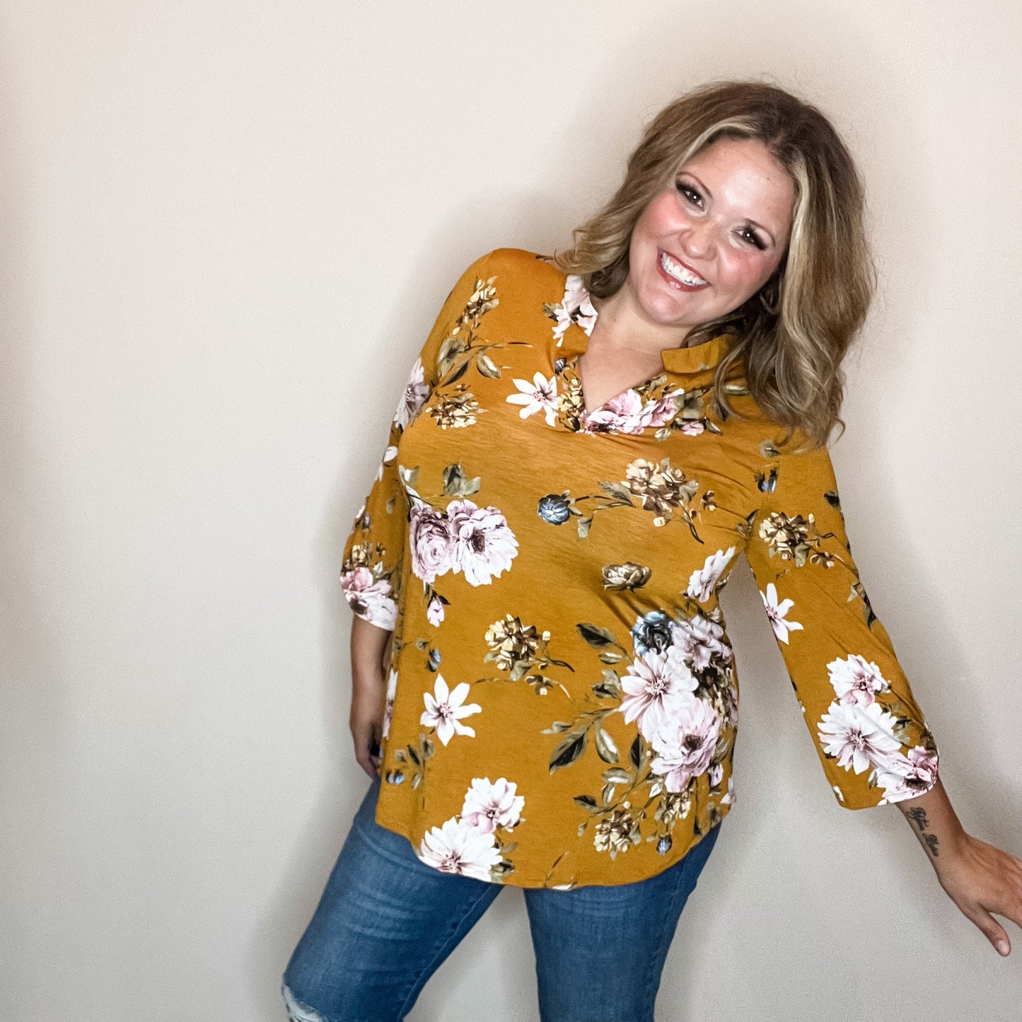 "Step Right Up" Floral Lizzy 3/4 Sleeve Split Neck