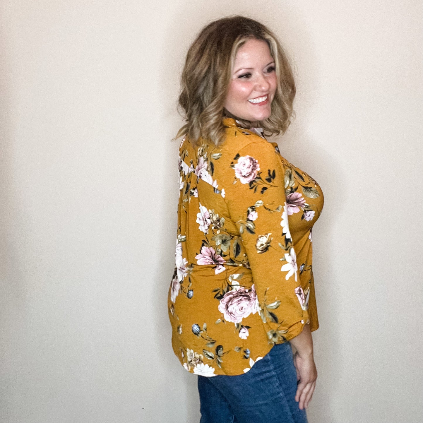 "Step Right Up" Floral Lizzy 3/4 Sleeve Split Neck
