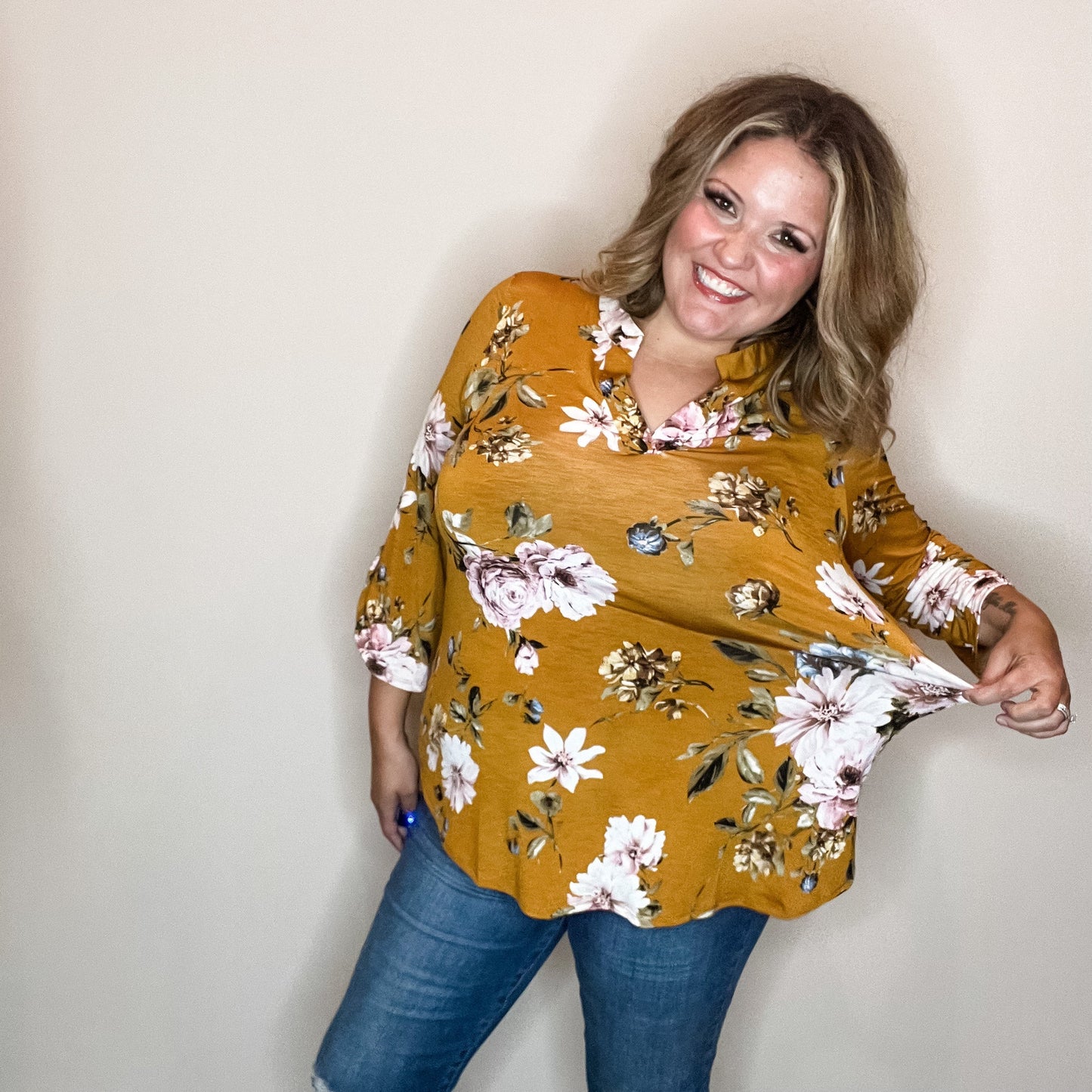 "Step Right Up" Floral Lizzy 3/4 Sleeve Split Neck