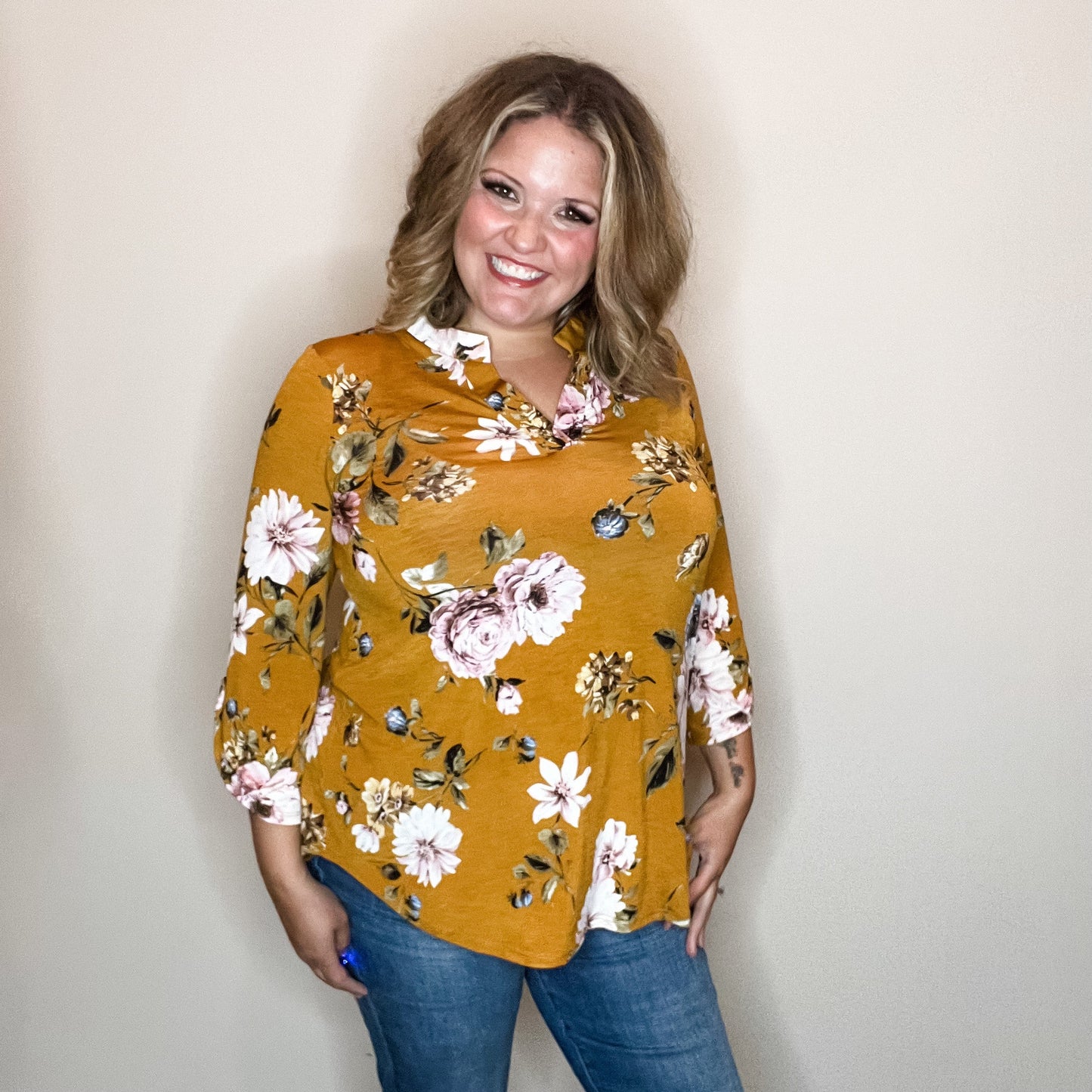 "Step Right Up" Floral Lizzy 3/4 Sleeve Split Neck