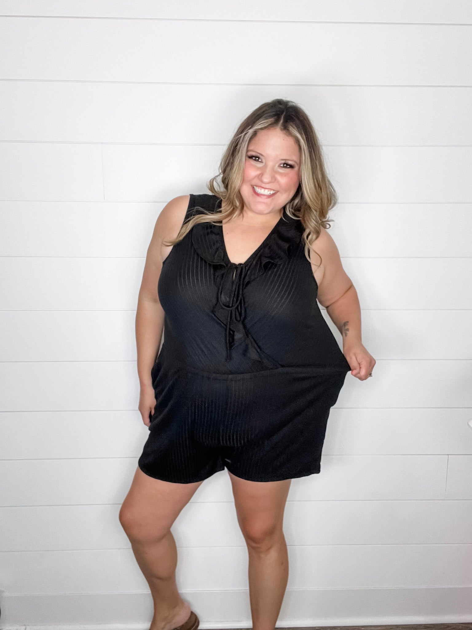 "Stream" Ruffle Wrap Front Romper (Black)