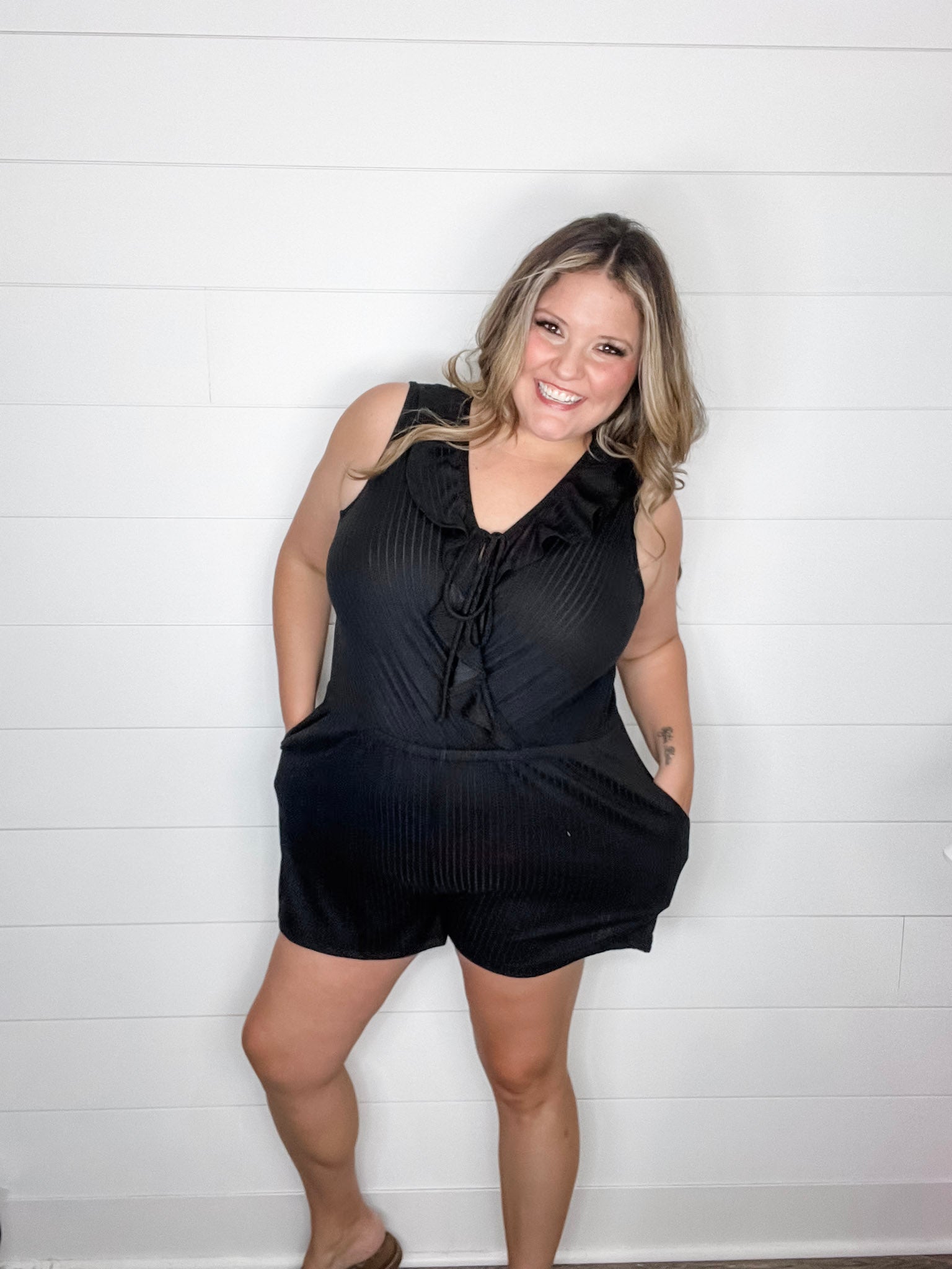 "Stream" Ruffle Wrap Front Romper (Black)