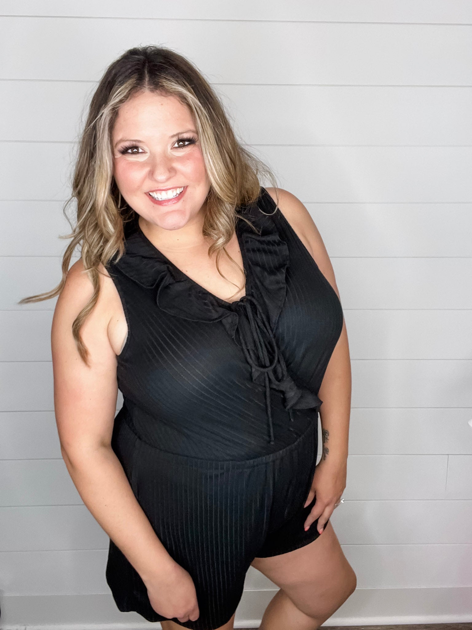 "Stream" Ruffle Wrap Front Romper (Black)