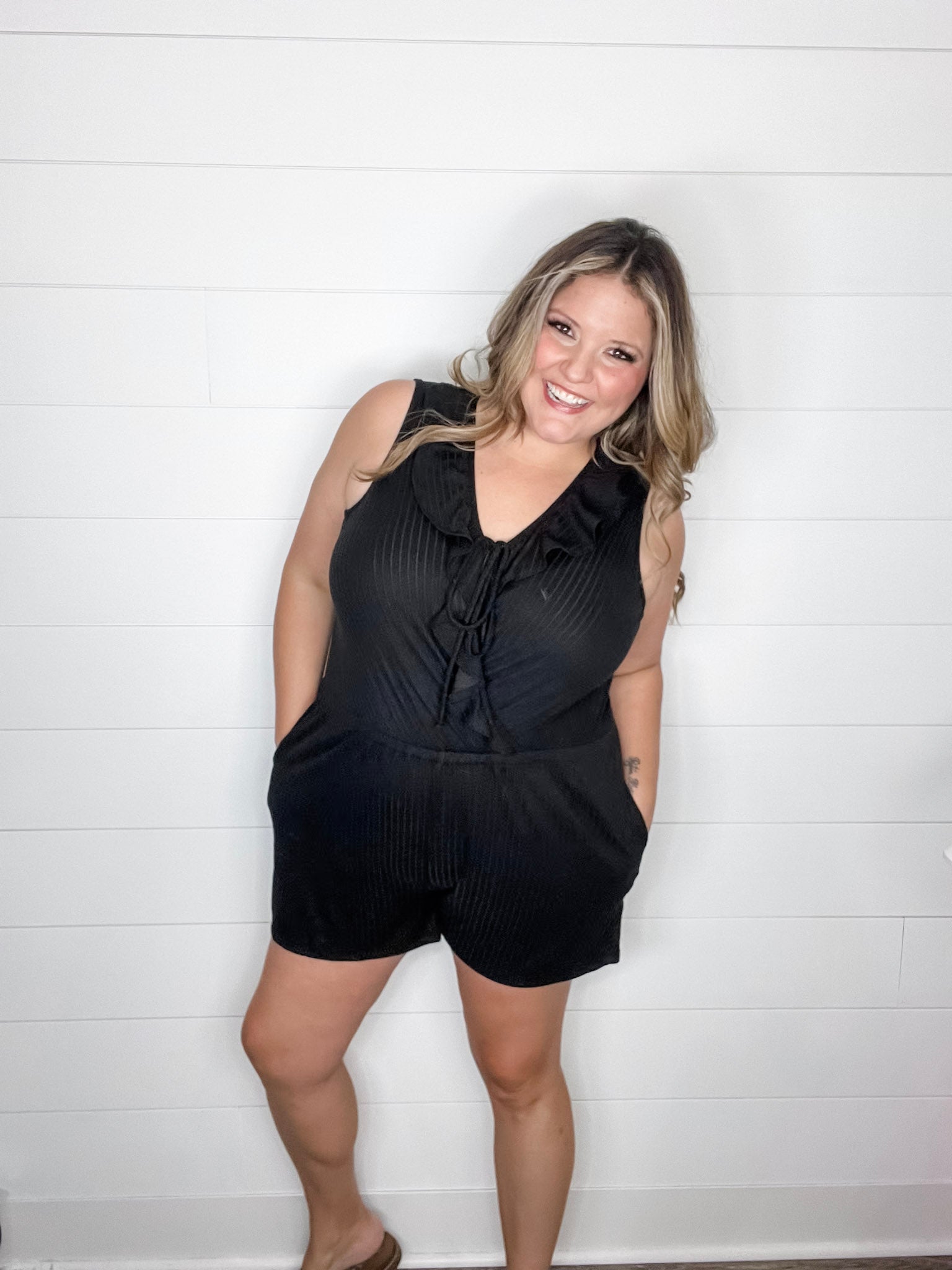 "Stream" Ruffle Wrap Front Romper (Black)