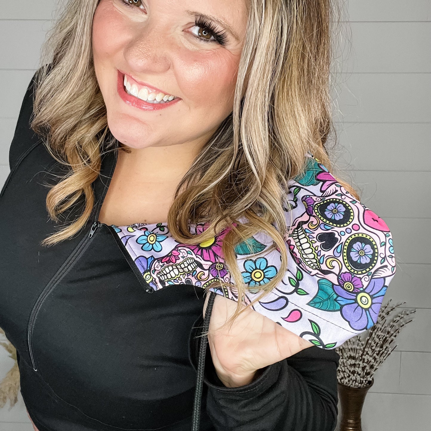 Sugar Skull Hood Design Half Zip Hoodie with Thumbhole