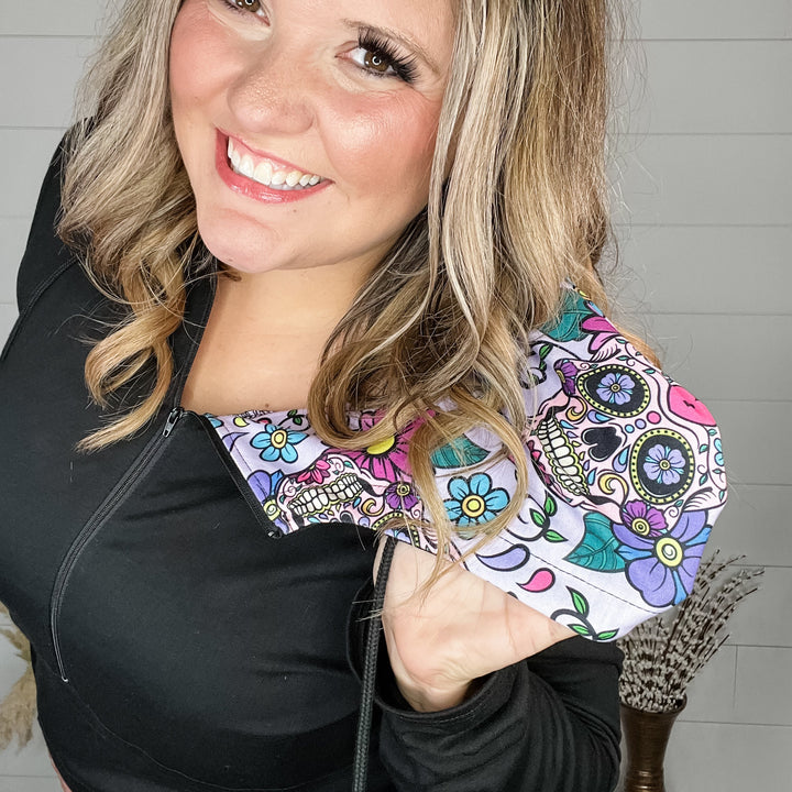 Sugar Skull Hood Design Half Zip Hoodie with Thumbhole