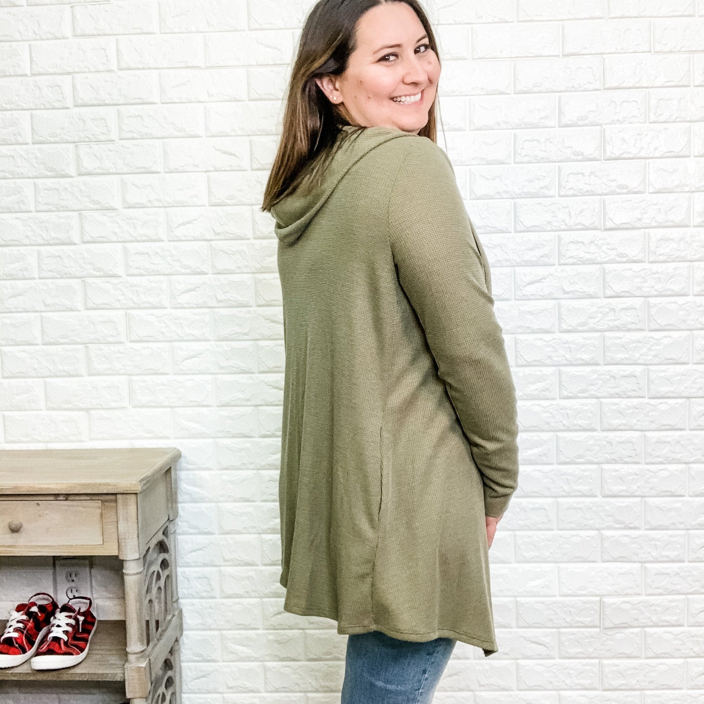 "Suni" Waffle Knit Cardigan with Hood (Olive)