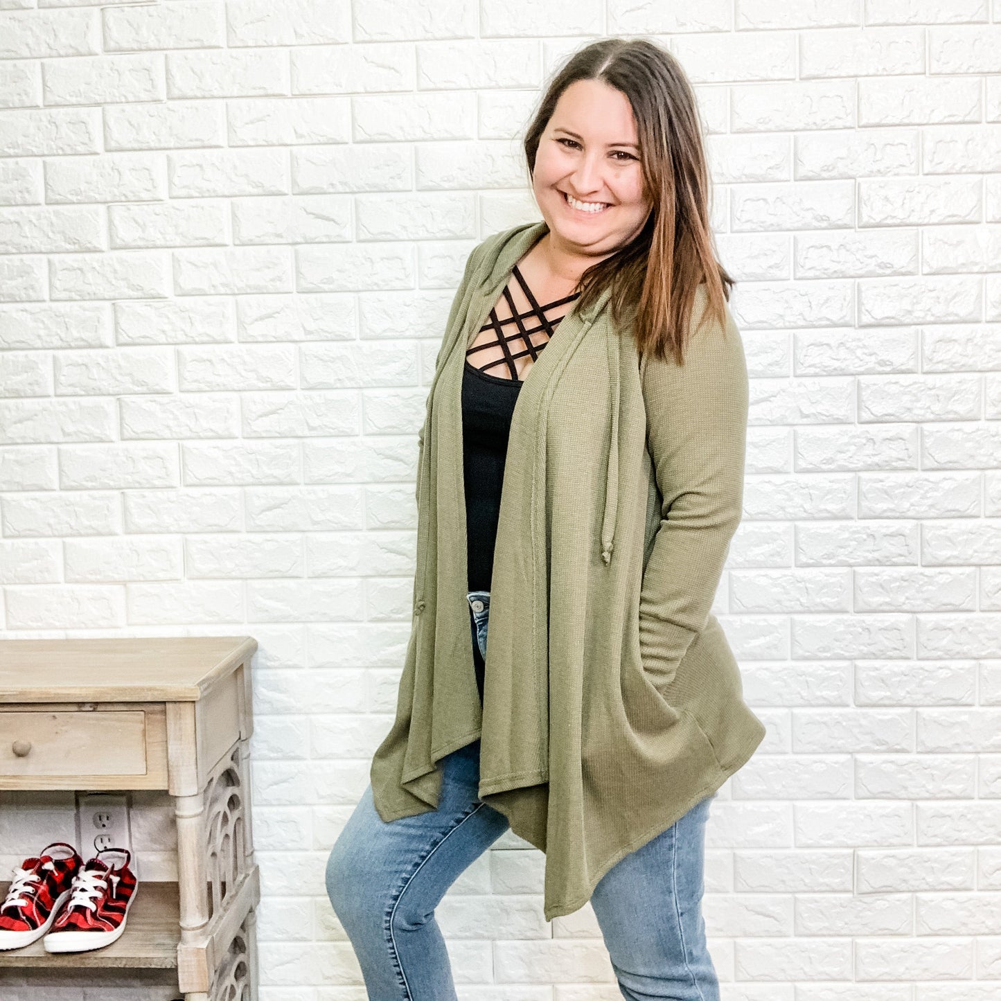 "Suni" Waffle Knit Cardigan with Hood (Olive)
