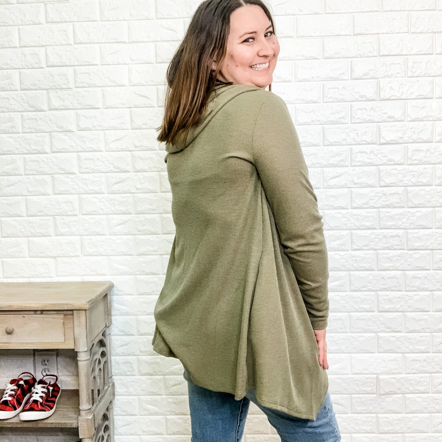 "Suni" Waffle Knit Cardigan with Hood (Olive)