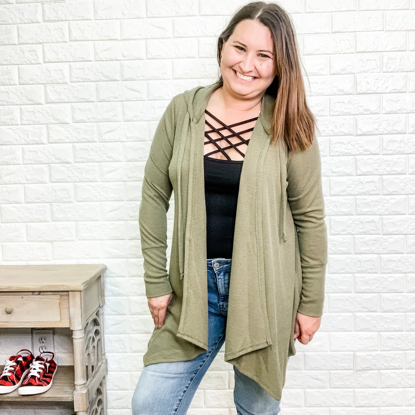 "Suni" Waffle Knit Cardigan with Hood (Olive)